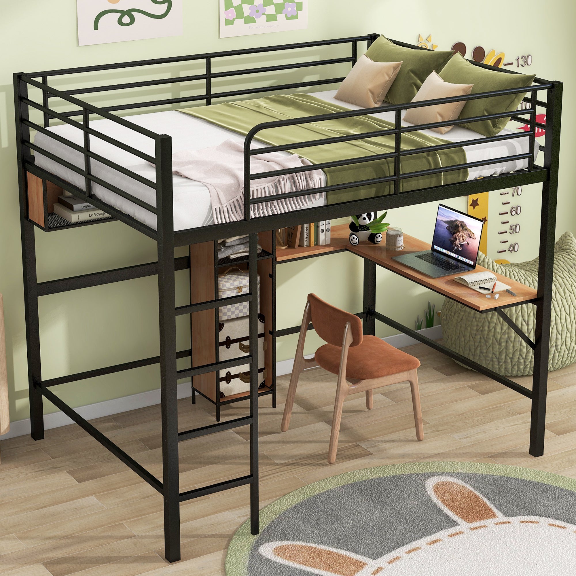 Full Size Metal & Wood Loft Bed with L -shaped desk and shelves, Black and Brown