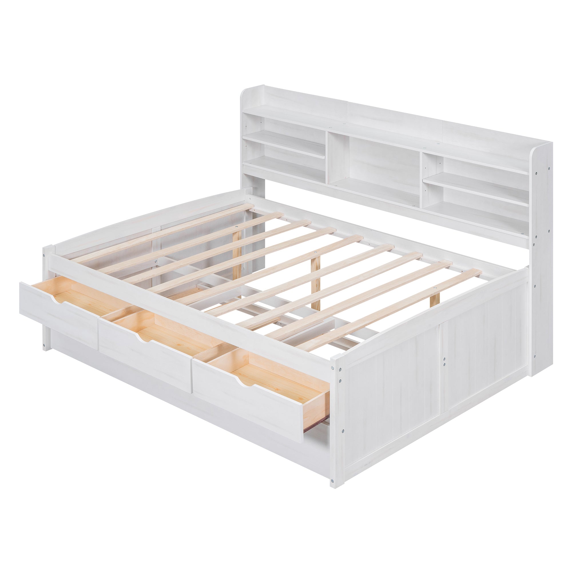Full Size Wooden Captain Bed with Built-in Bookshelves,Three Storage Drawers and Trundle,White Wash - Atlantic Fine Furniture Melbourne FL