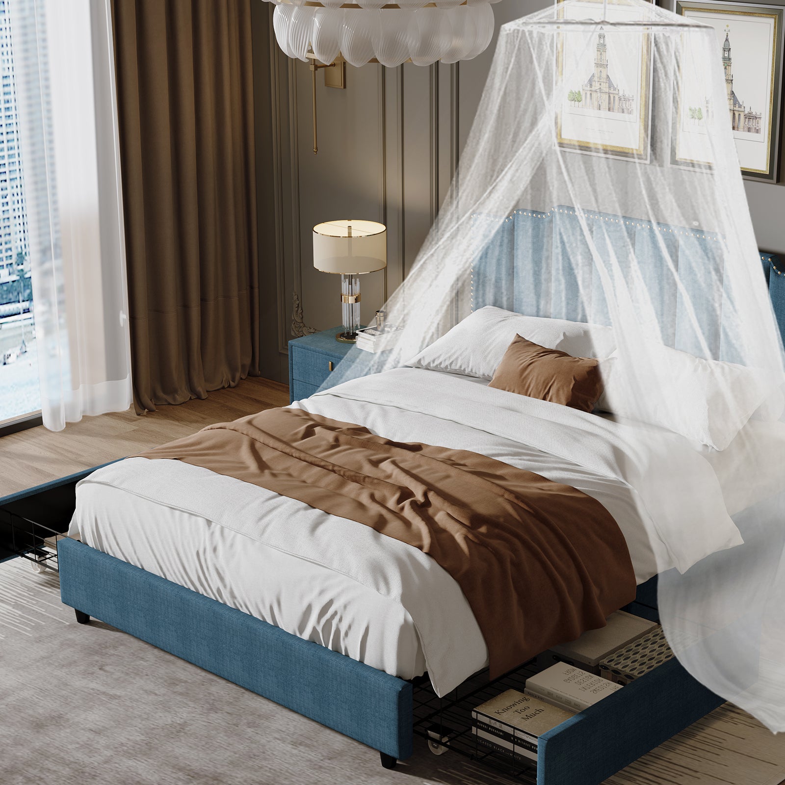 Queen Size Upholstered Platform Bed Linen Bed Frame with 2 Drawers Stitched Padded Headboard with Rivets Design Strong Bed Slats System No Box Spring Needed Blue - Atlantic Fine Furniture Melbourne FL