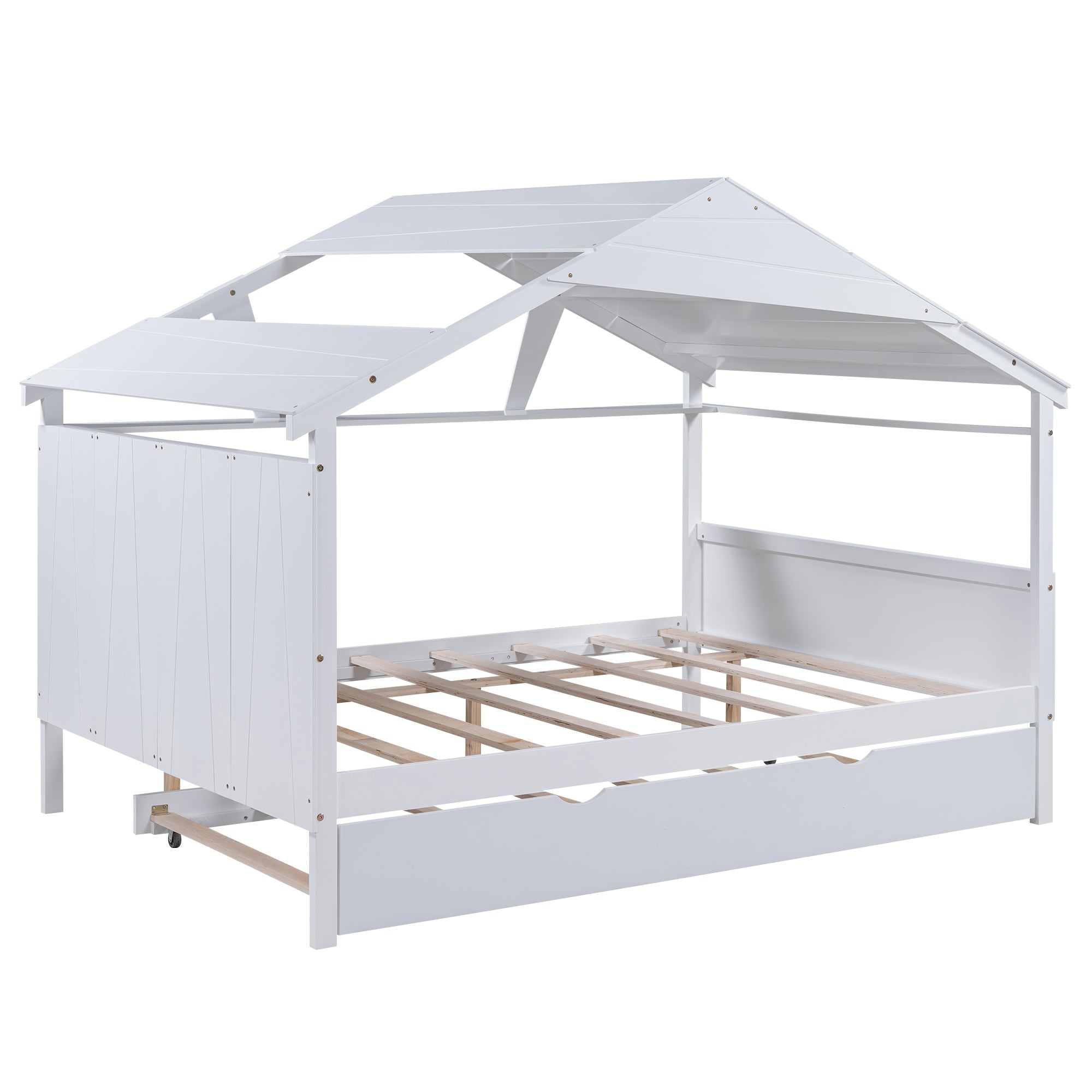 Wood Full Size House Bed with Twin Size Trundle and Storage, White - Atlantic Fine Furniture Melbourne FL