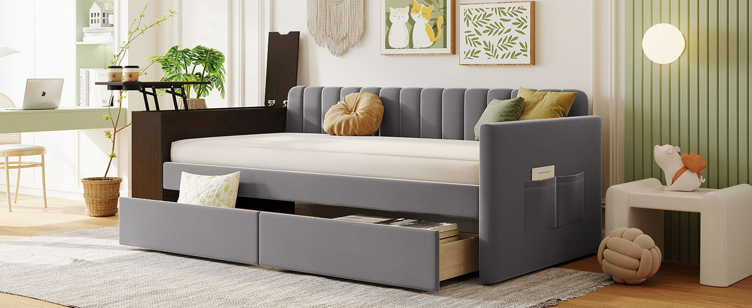 Twin Size Upholstered Daybed with Storage Armrest and 2 Drawers, Multi-functional Daybed with Cup Holder and a set of USB Ports and Sockets, Gray - Atlantic Fine Furniture Melbourne FL