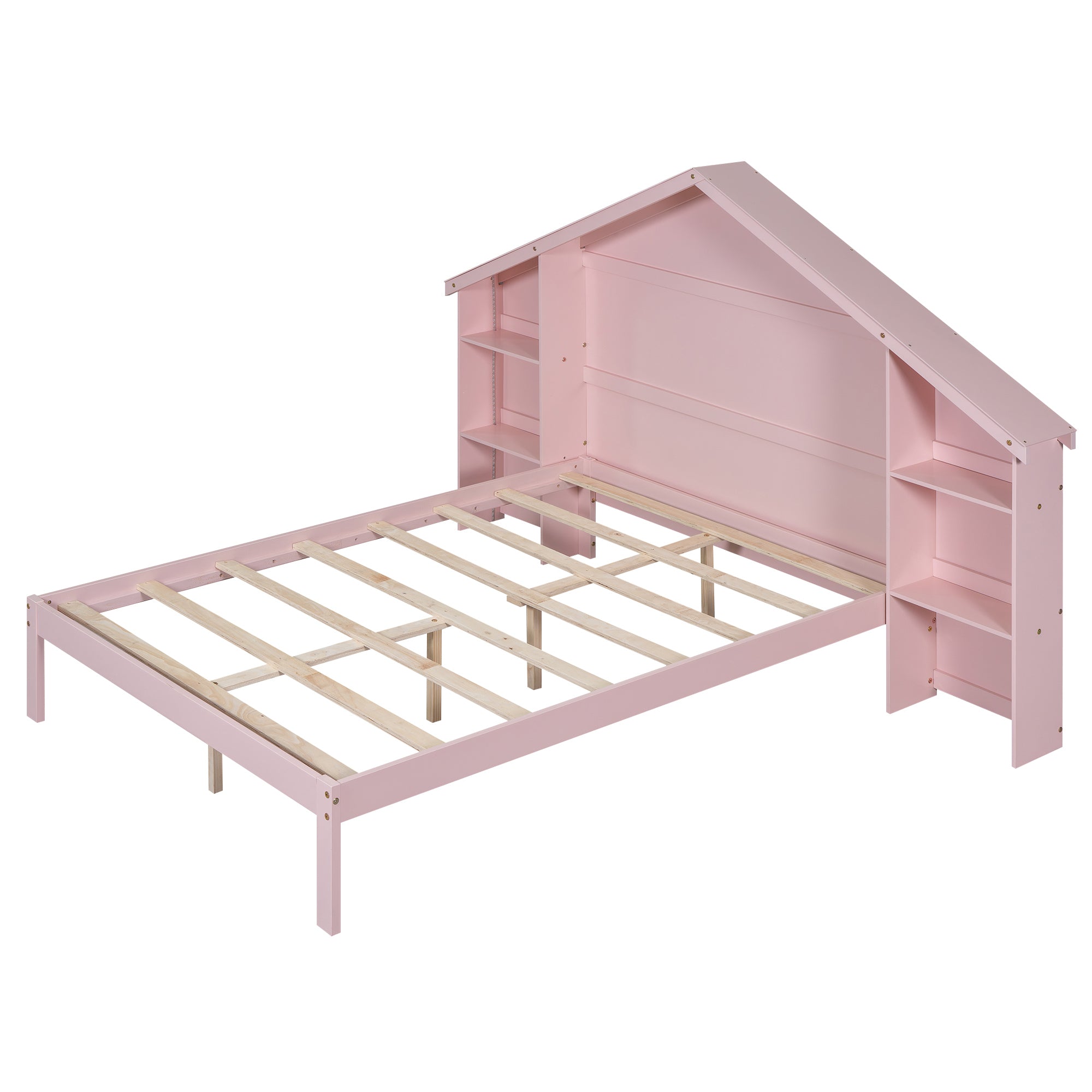 Wood Full Size Platform Bed with House-shaped Storage Headboard and Built-in LED, Pink - Atlantic Fine Furniture Melbourne FL