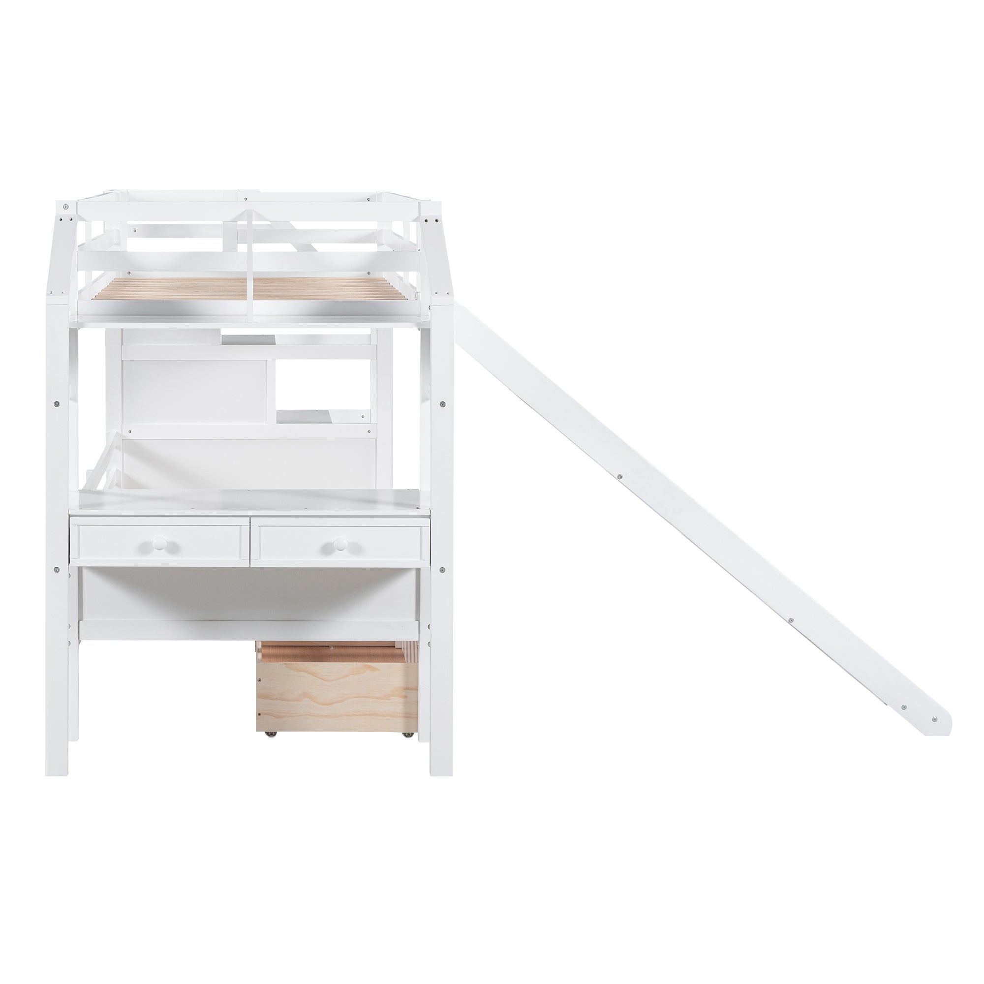 Twin over Twin Bunk Bed with Storage Staircase, Slide and Drawers, Desk with Drawers and Shelves, White - Atlantic Fine Furniture Melbourne FL