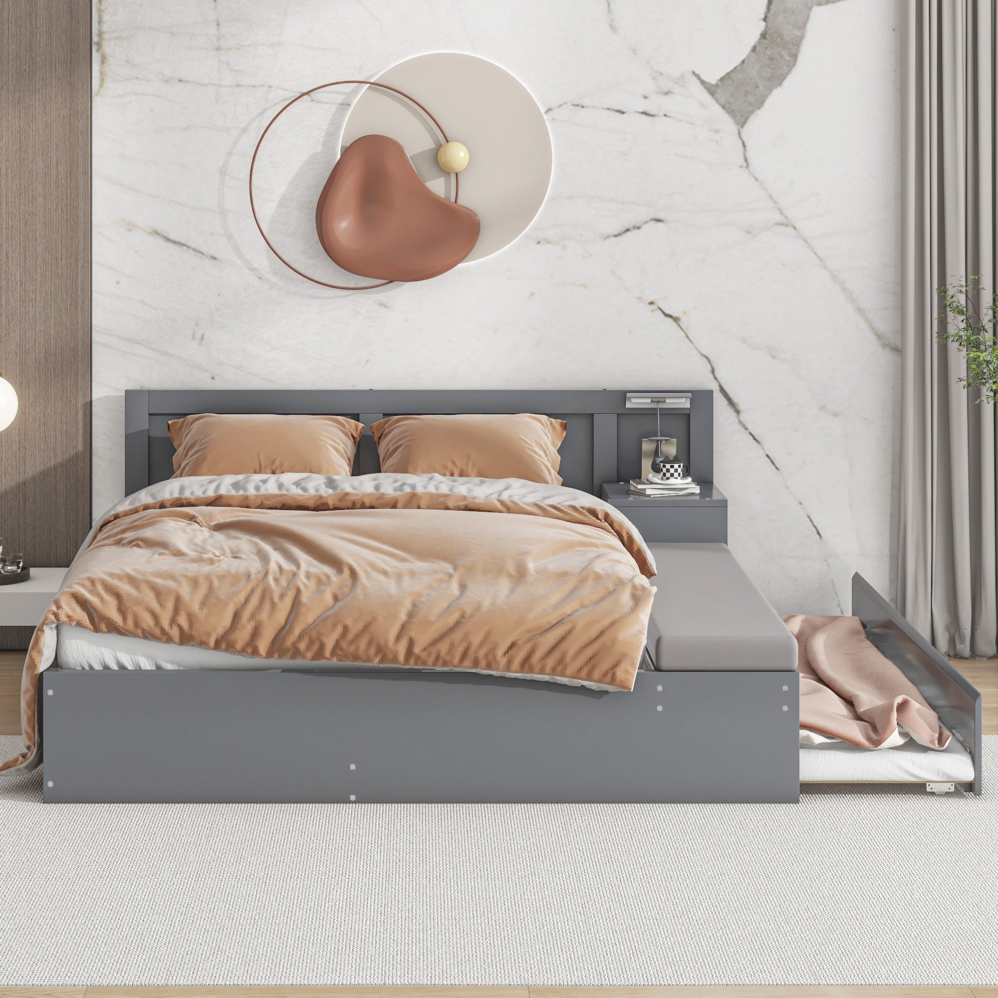 Full Size Wood Storage Hydraulic Platform Bed with Twin Size Trundle, Side Table and Lounge, Gray - Atlantic Fine Furniture Melbourne FL
