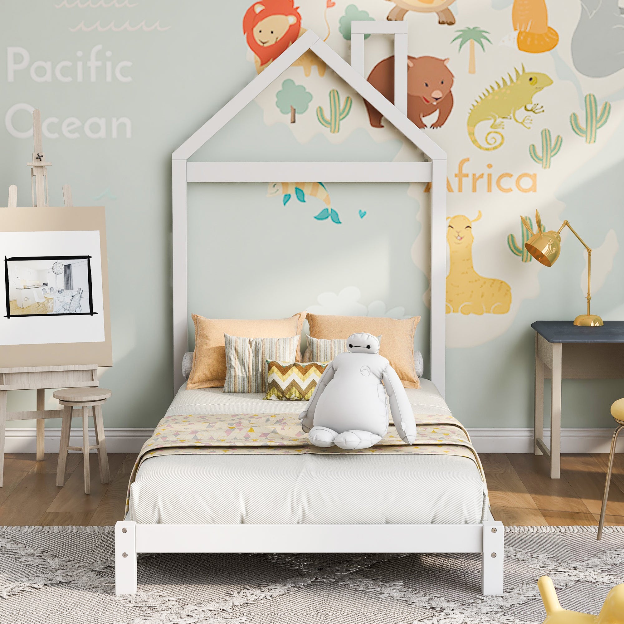 Twin Size Wood Platform Bed with House-shaped Headboard (White)