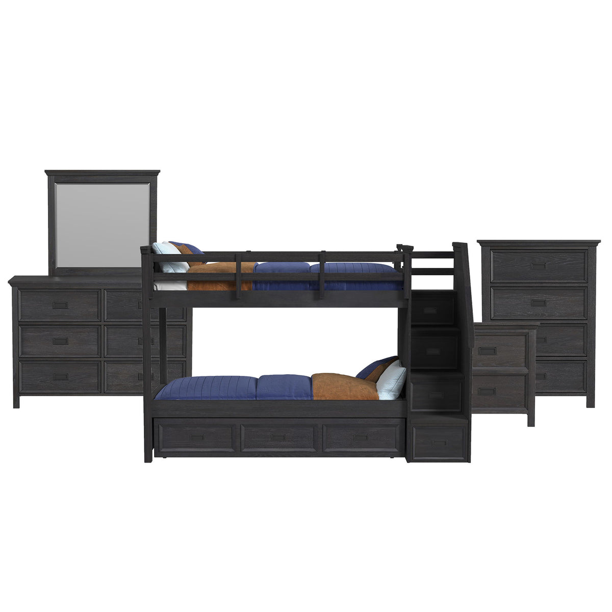 Hampton Kids Bunk With Staircase And Trundle Bedroom Set in Black by Elements International, view 7