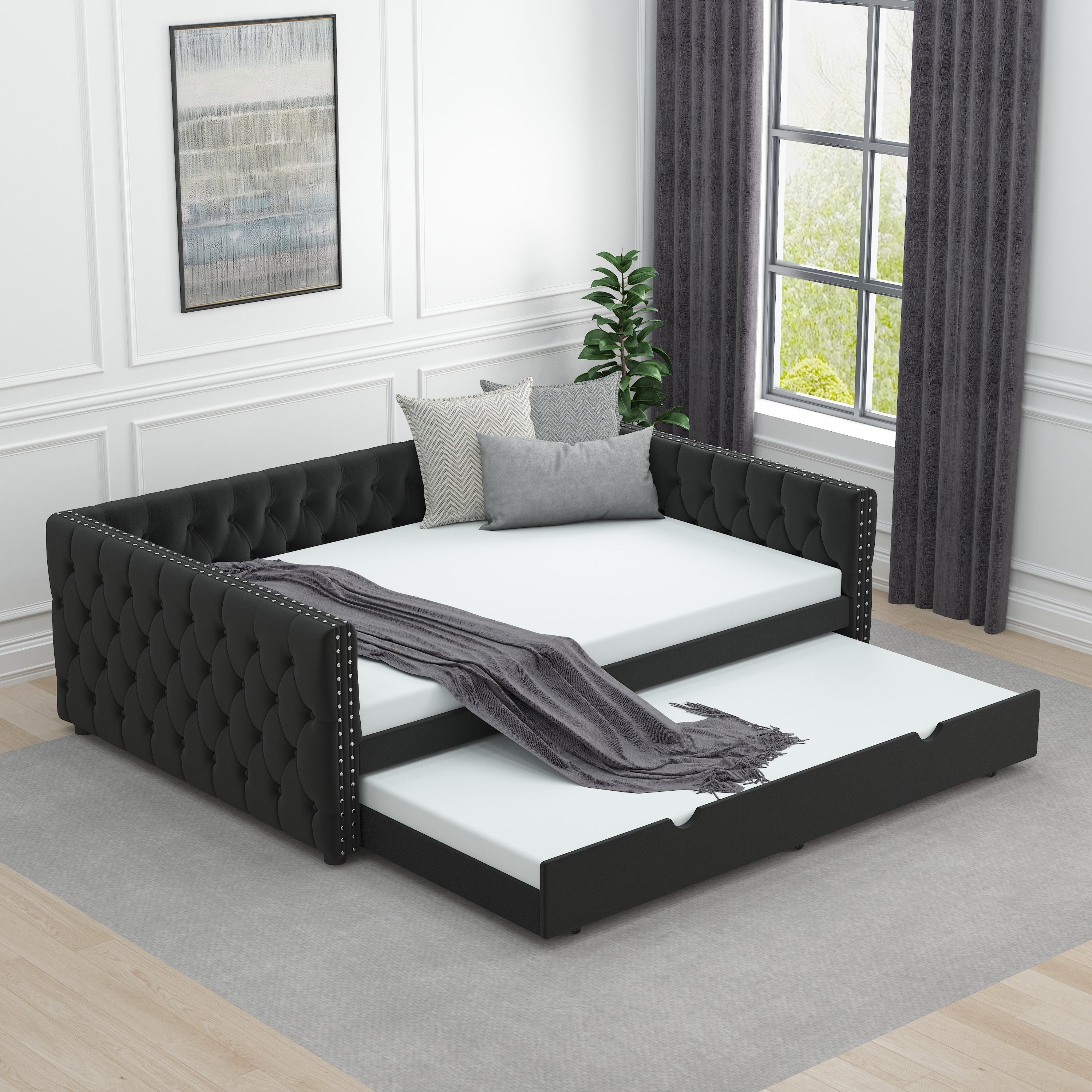 Daybed with Trundle Velvet Upholstered Tufted Sofa Bed, with Button and Copper Nail onSquare Arms,Full Daybed & Twin Trundle- For Bedroom, Living Room, Guest Room,(83"x57"x26") - Atlantic Fine Furniture Melbourne FL