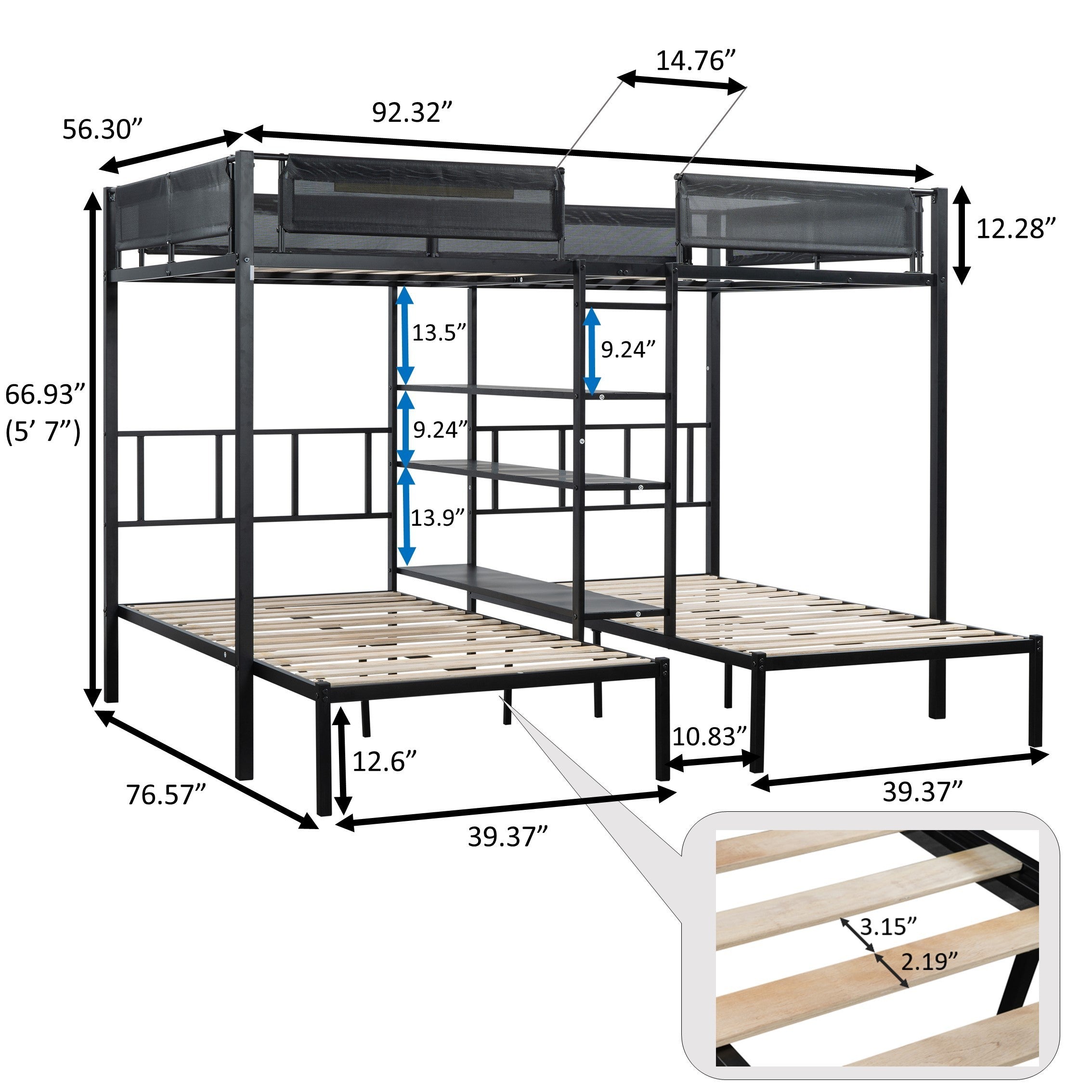 Metal Full over Twin Beds with Shelves/ Sturdy Metal Frame/ Noise-Free Wood Slats/ Comfortable Textilene Guardrail/ Bunk Bed for Three/ Built-in 3-Tier Shelves/ No Box Spring Needed