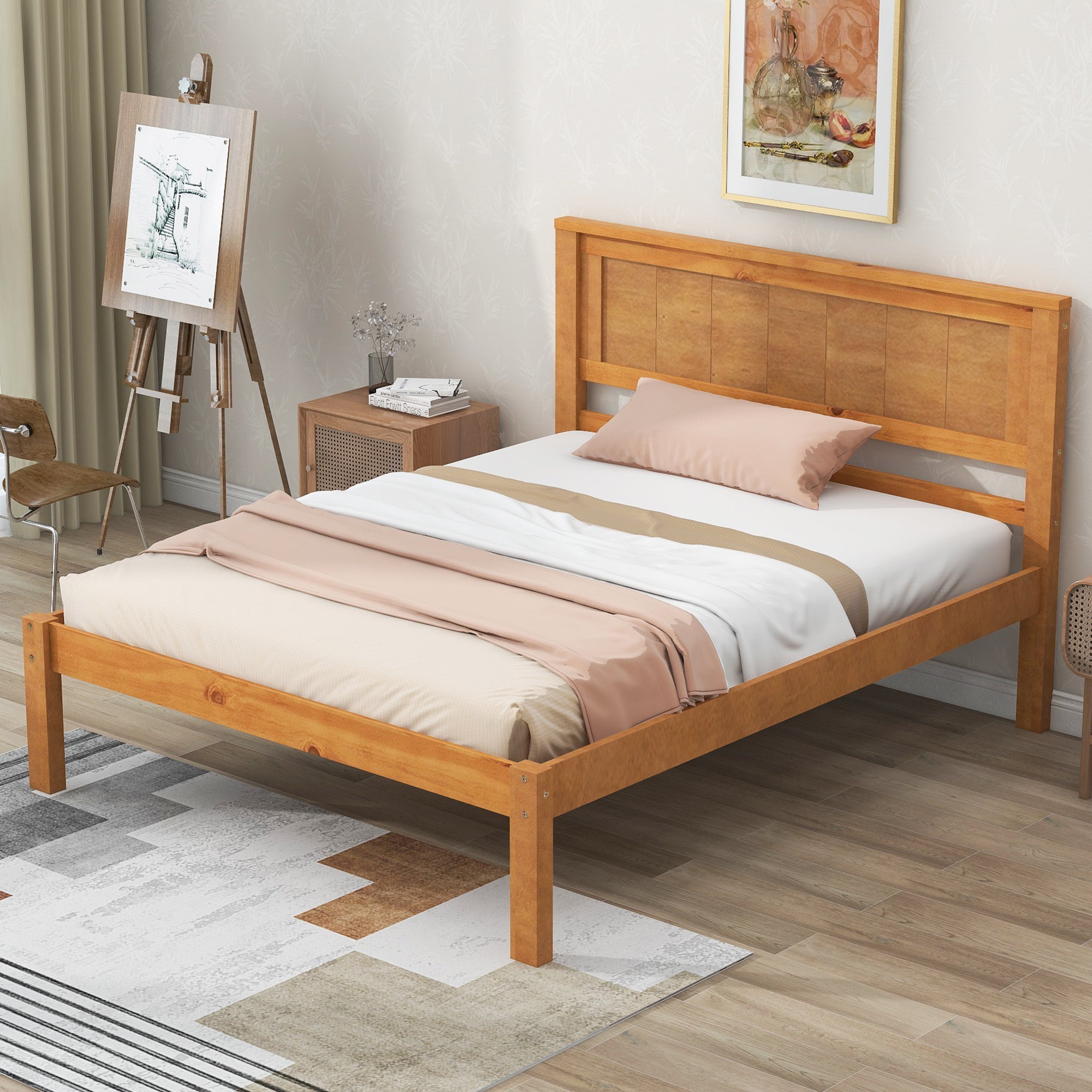 Platform Bed Frame with Headboard , Wood Slat Support , No Box Spring Needed ,Twin,Oak - Atlantic Fine Furniture Melbourne FL