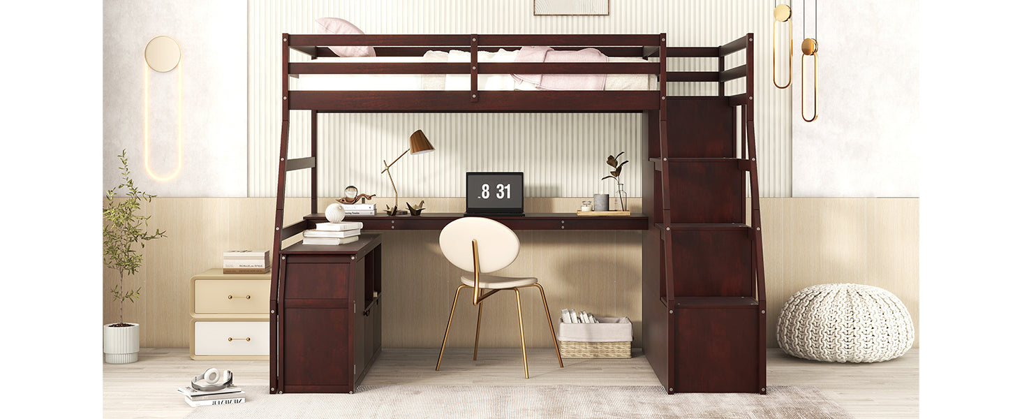 Twin Size Loft Bed with 7 Drawers 2 Shelves and Desk - Espresso - Atlantic Fine Furniture Melbourne FL