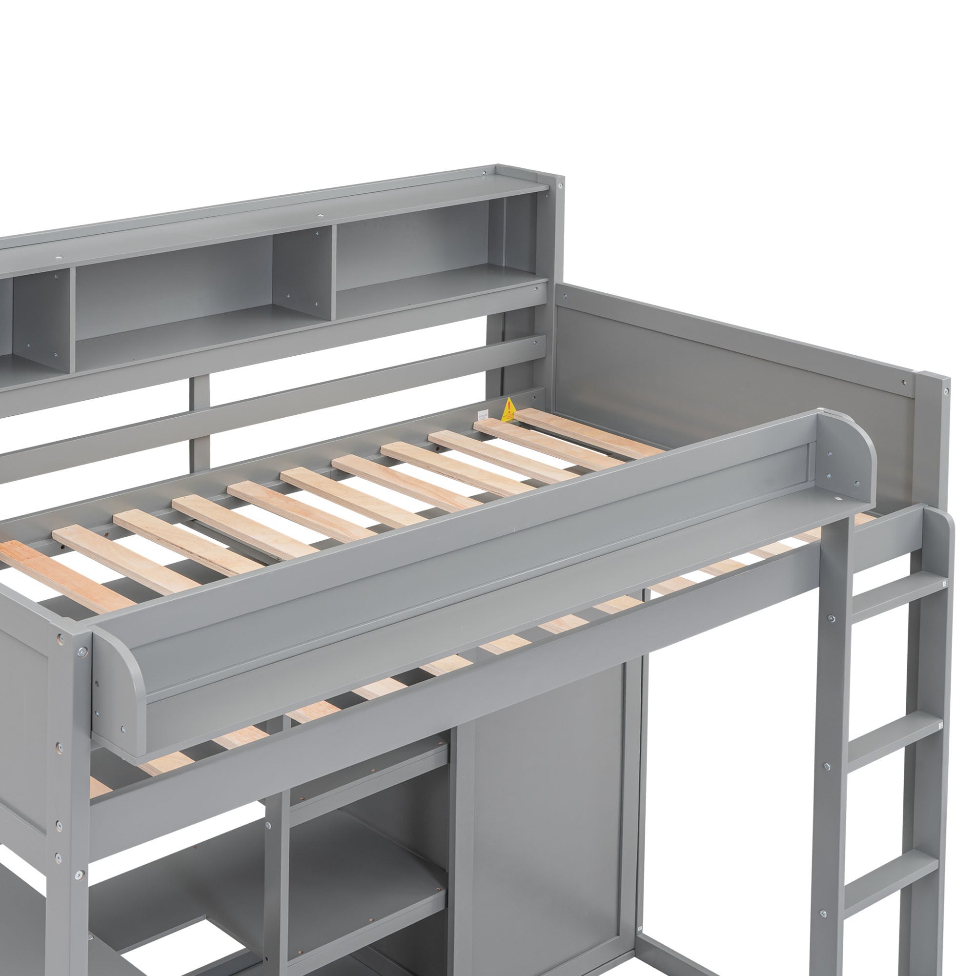 Wood Twin Size Loft bed with Multiple Storage Shelves and Wardrobe, Gray - Atlantic Fine Furniture Melbourne FL