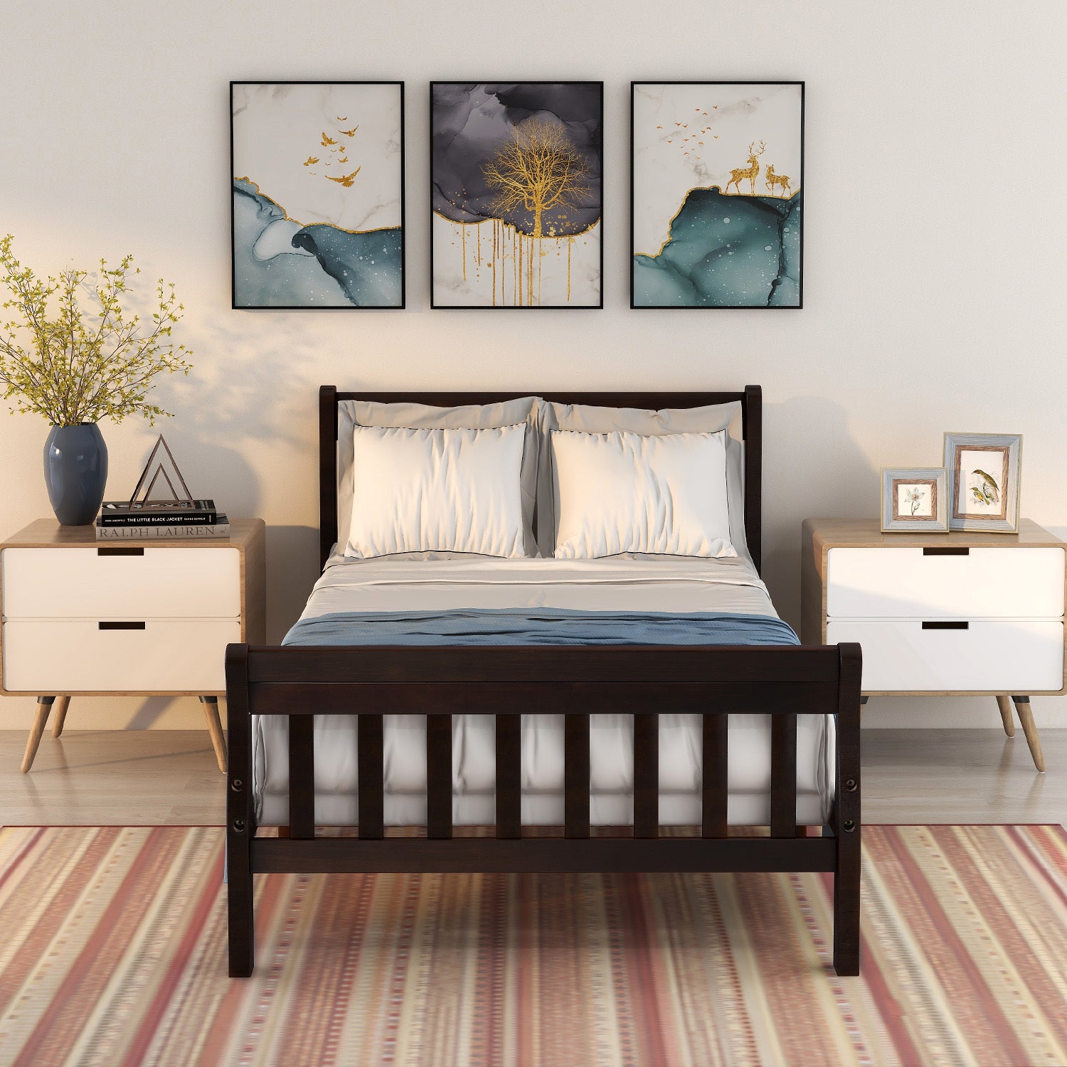 Wood Platform Bed Twin Bed Frame Panel Bed Mattress Foundation Sleigh Bed with Headboard/Footboard/Wood Slat Support - Atlantic Fine Furniture Melbourne FL