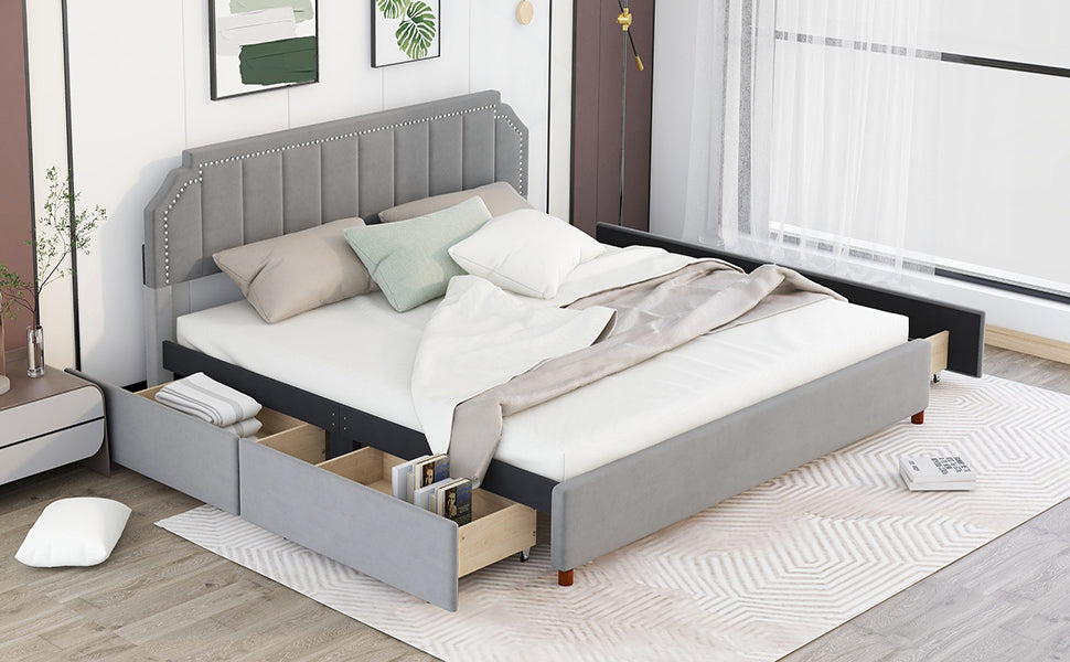 King Size Upholstery Platform Bed with Four Storage Drawers,Support Legs,Grey - Atlantic Fine Furniture Melbourne FL
