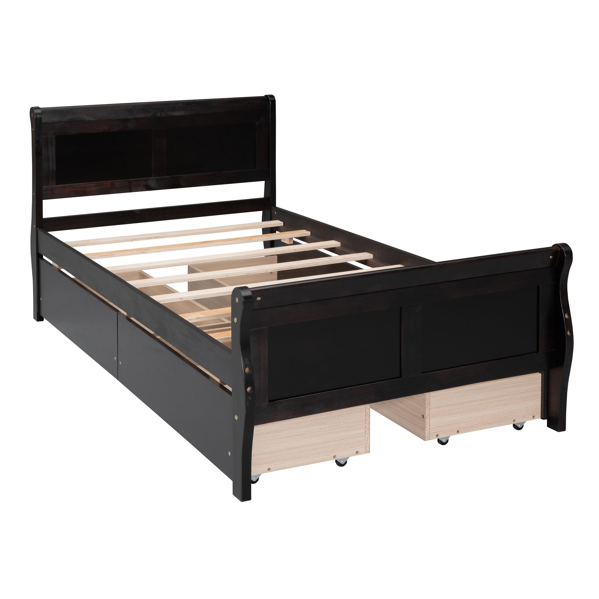 Twin Size Wood Platform Bed with 4 Drawers and Streamlined Headboard & Footboard, Espresso - Atlantic Fine Furniture Melbourne FL