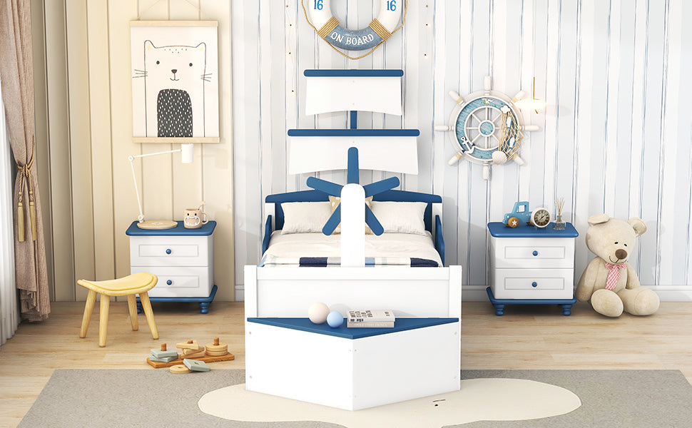 3-Pieces Bedroom Sets,Twin Size Boat-Shaped Platform Bed with Trundle and Two Nightstands,White+Blue - Atlantic Fine Furniture Melbourne FL