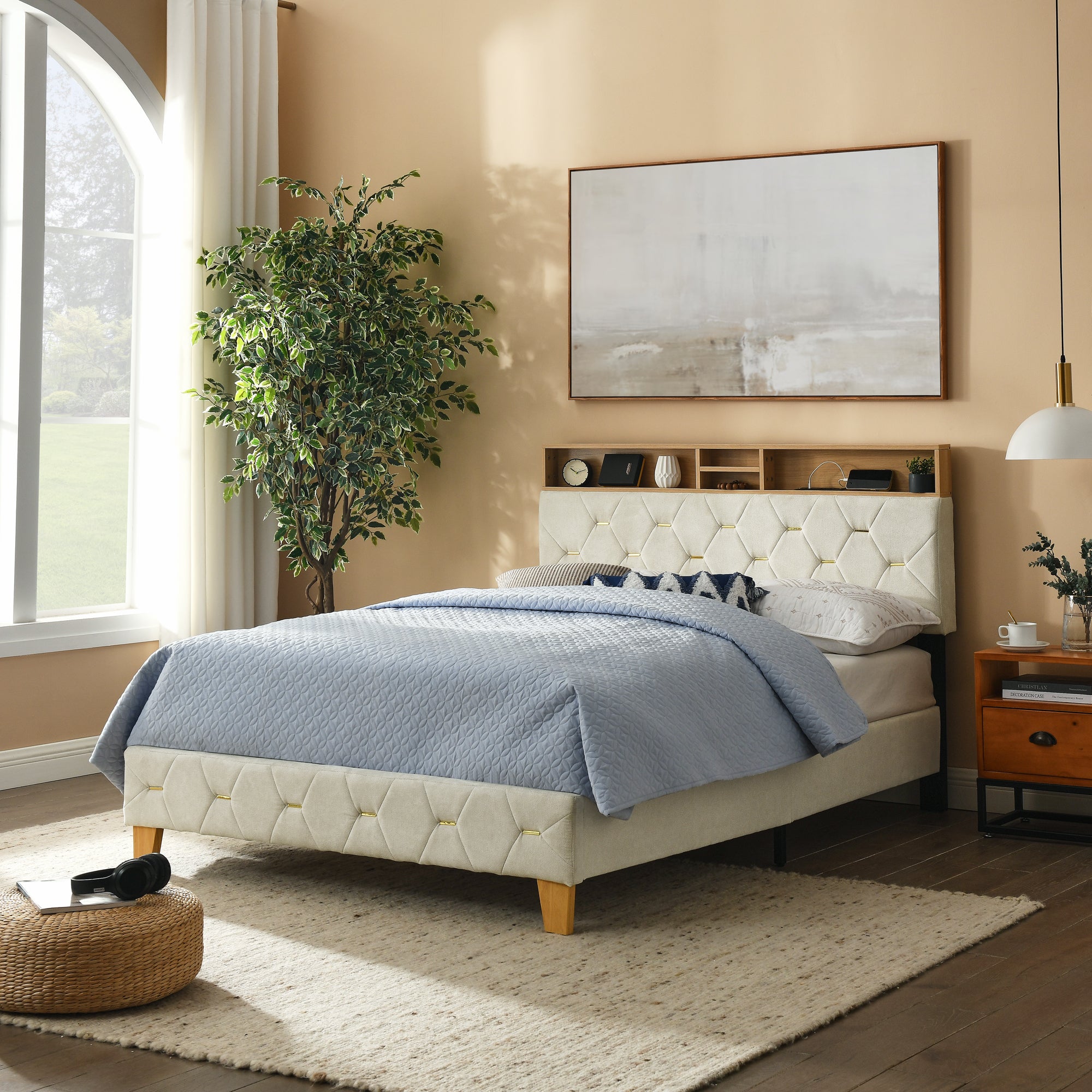 Full Size Bed Frame, Shelf Upholstered Headboard, Platform Bed with Outlet & USB Ports, Wood Legs, No Box Spring Needed, Easy Assembly, Beige - Atlantic Fine Furniture Melbourne FL