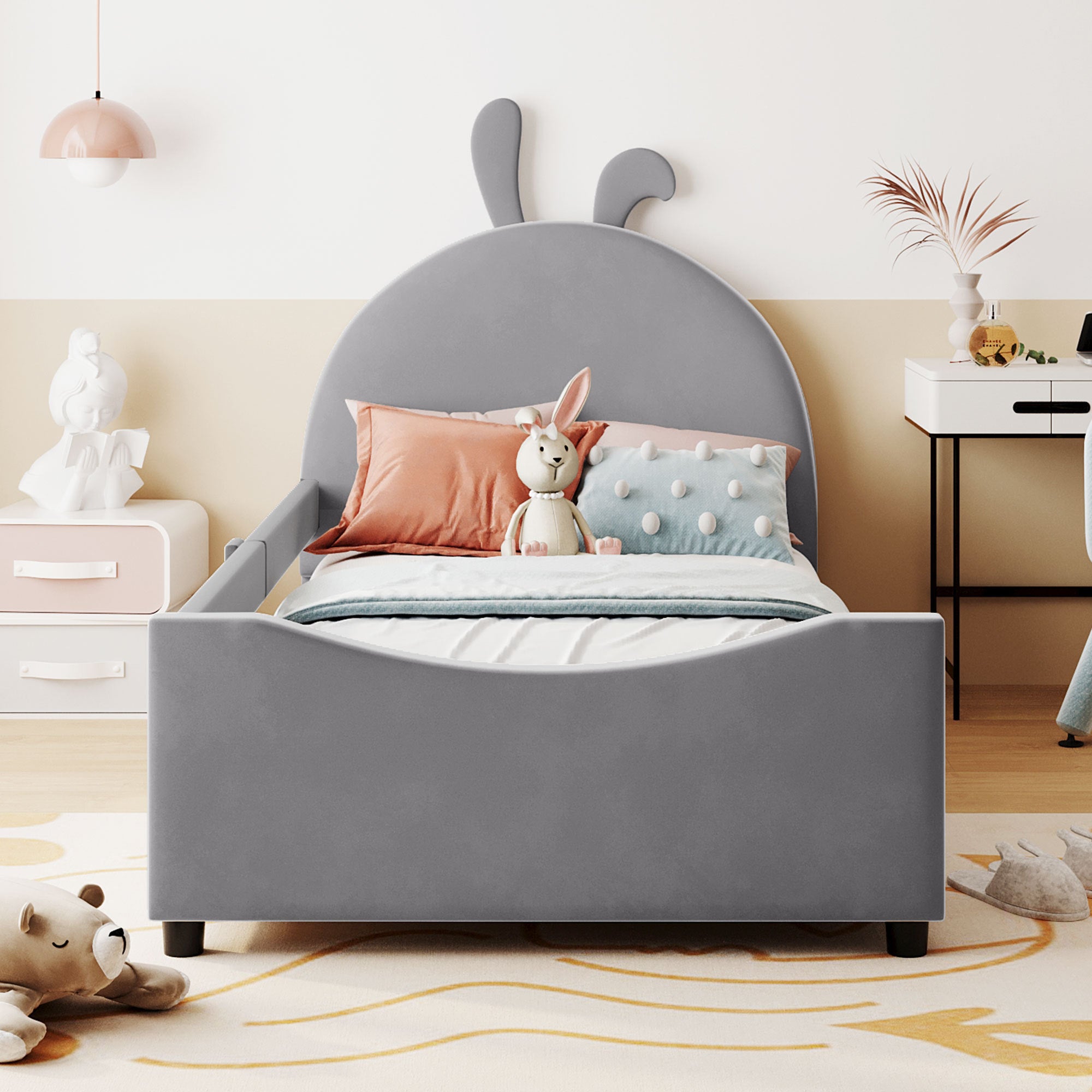 Twin Size Upholstered Daybed with Rabbit Ear Shaped Headboard, Gray - Atlantic Fine Furniture Melbourne FL