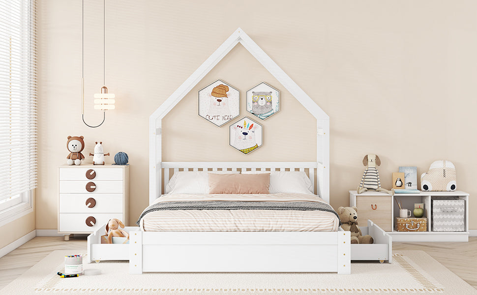 Wood Queen Size House Platform Bed with Guardrail and 2 Drawers, White (Expected Arrival Time:4.26) - Atlantic Fine Furniture Melbourne FL