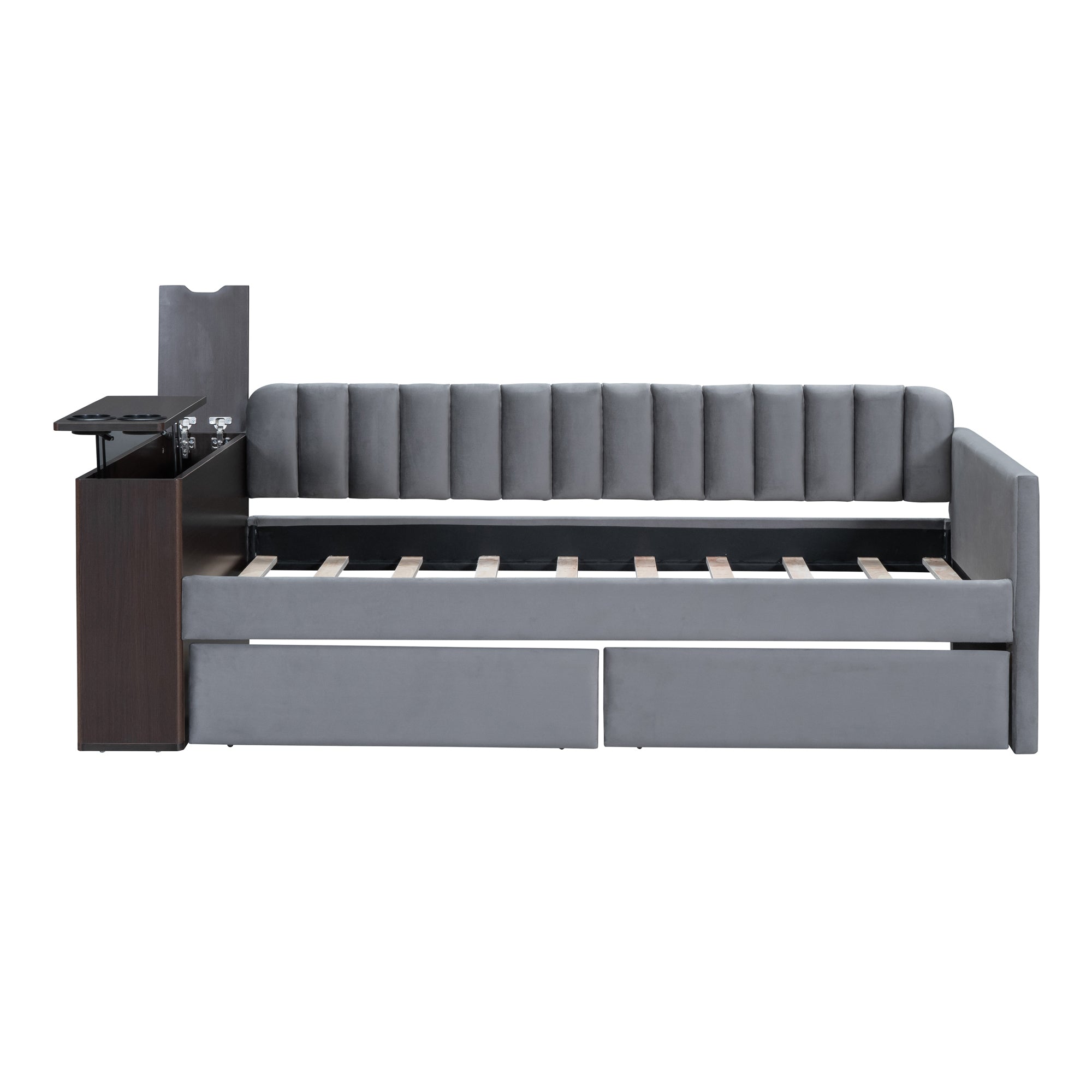Twin Size Upholstered Daybed with Storage Armrest and 2 Drawers, Multi-functional Daybed with Cup Holder and a set of USB Ports and Sockets, Gray - Atlantic Fine Furniture Melbourne FL
