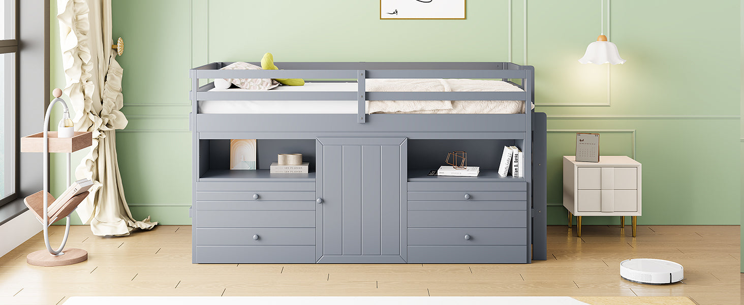 Twin Size Loft Bed with 4 Drawers, Underneath Cabinet and Shelves, Gray - Atlantic Fine Furniture Melbourne FL