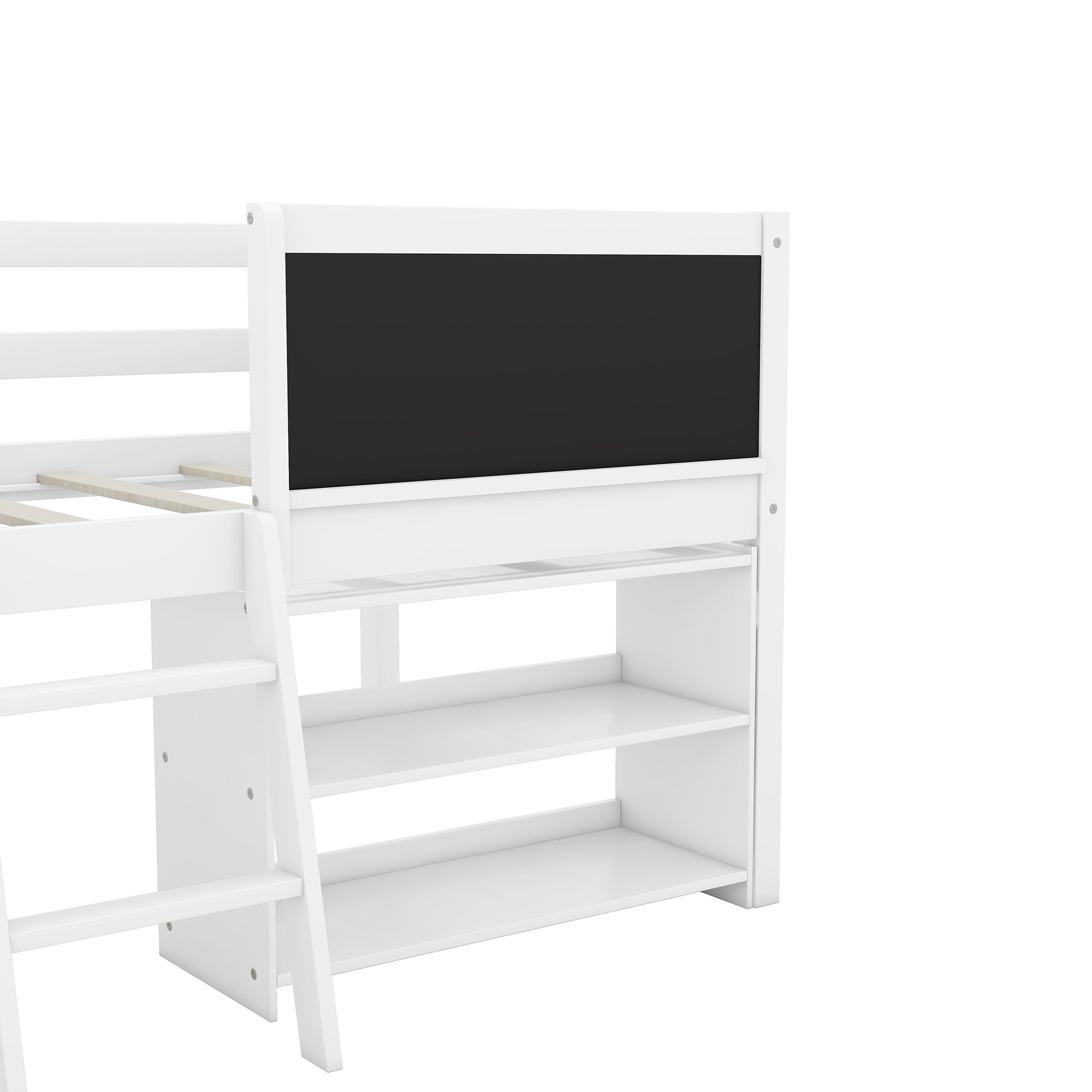 Twin Size Low Loft Bed with Two Movable Shelves and Ladder,with Decorative Guardrail Chalkboard,White(Old SKU: WF283286AAK) - Atlantic Fine Furniture Melbourne FL