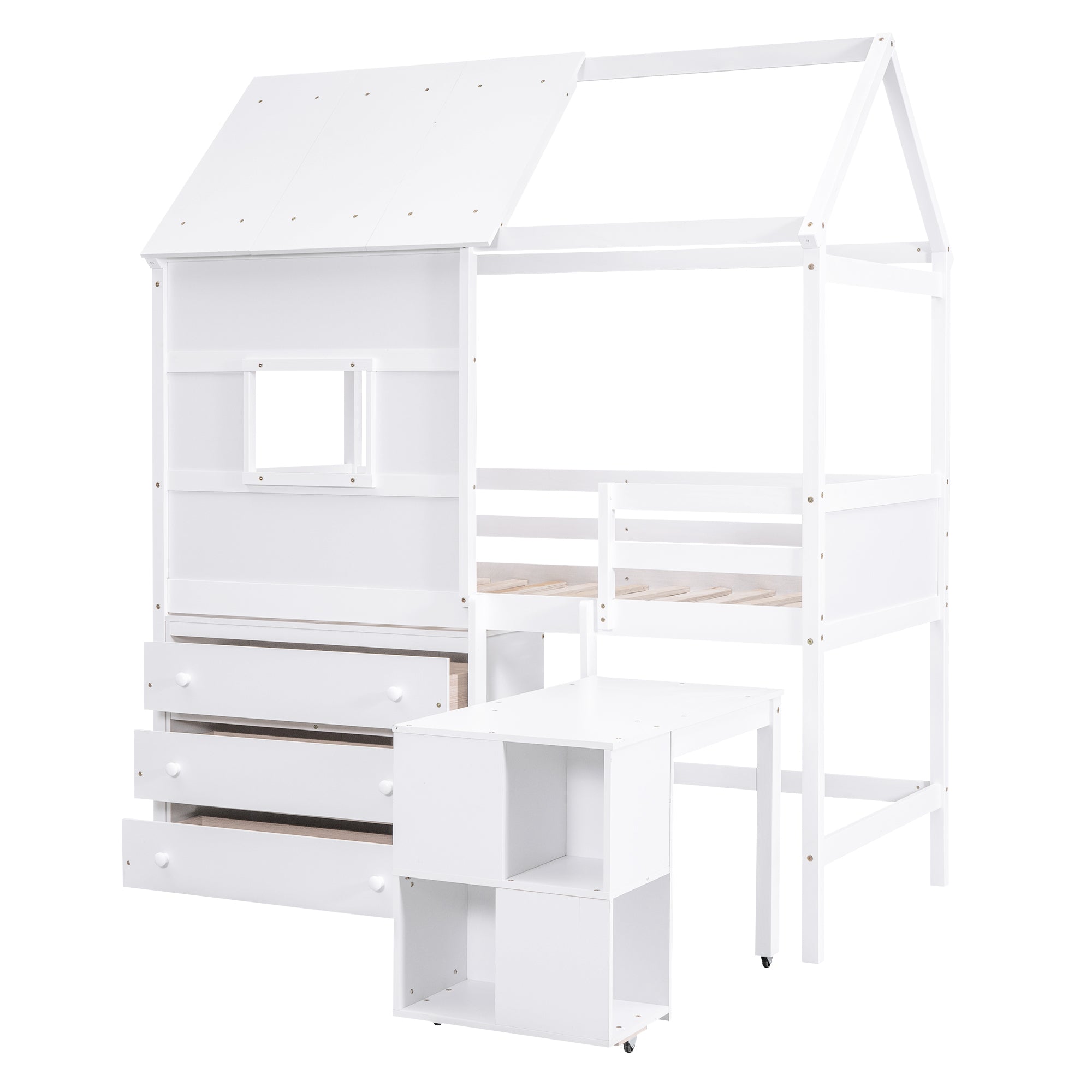 Twin Size House Loft Bed with Storage Desk and 3 Drawer Chest, White - Atlantic Fine Furniture Melbourne FL