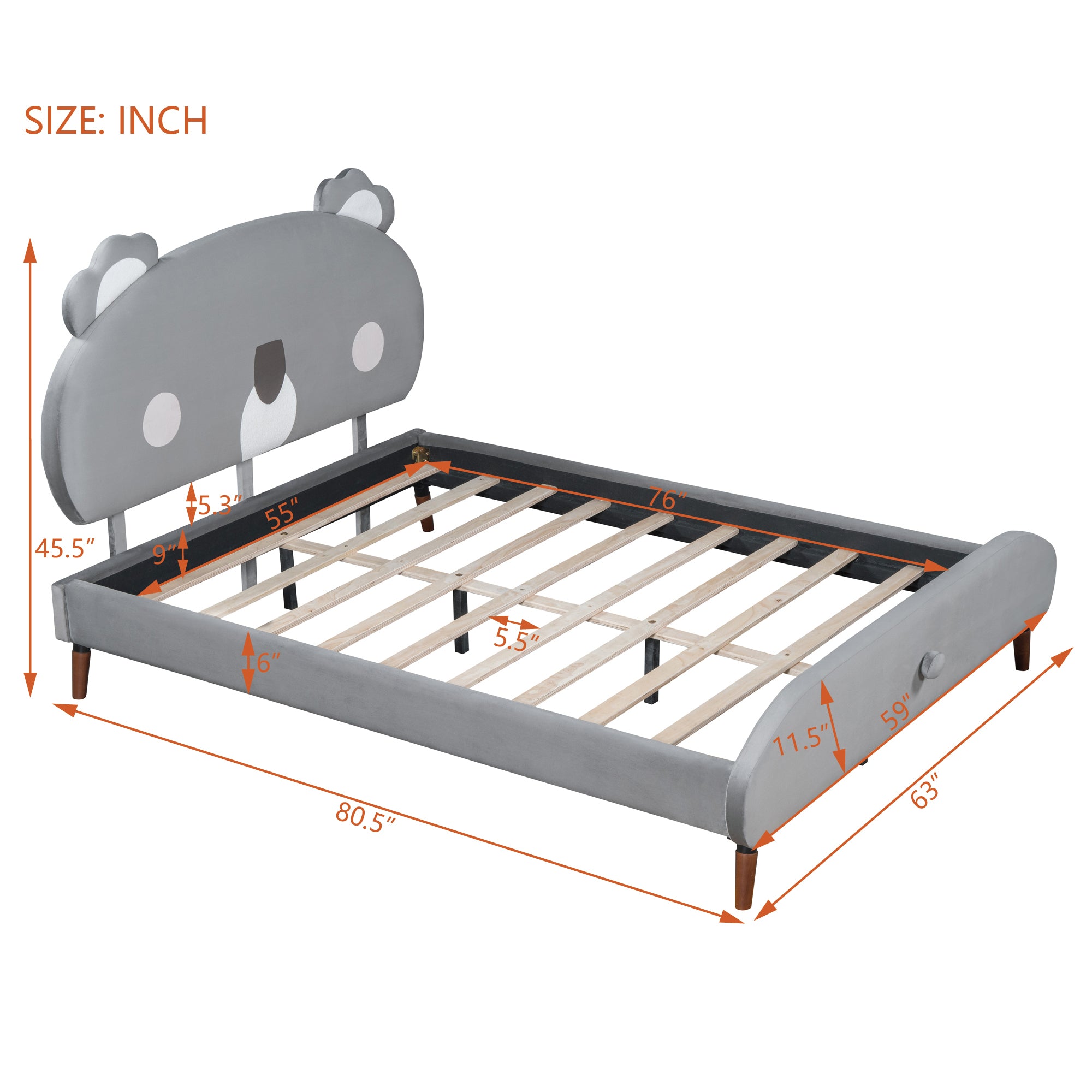 Full Size Upholstered Platform Bed with Koala-Shaped Headboard, Gray - Atlantic Fine Furniture Melbourne FL