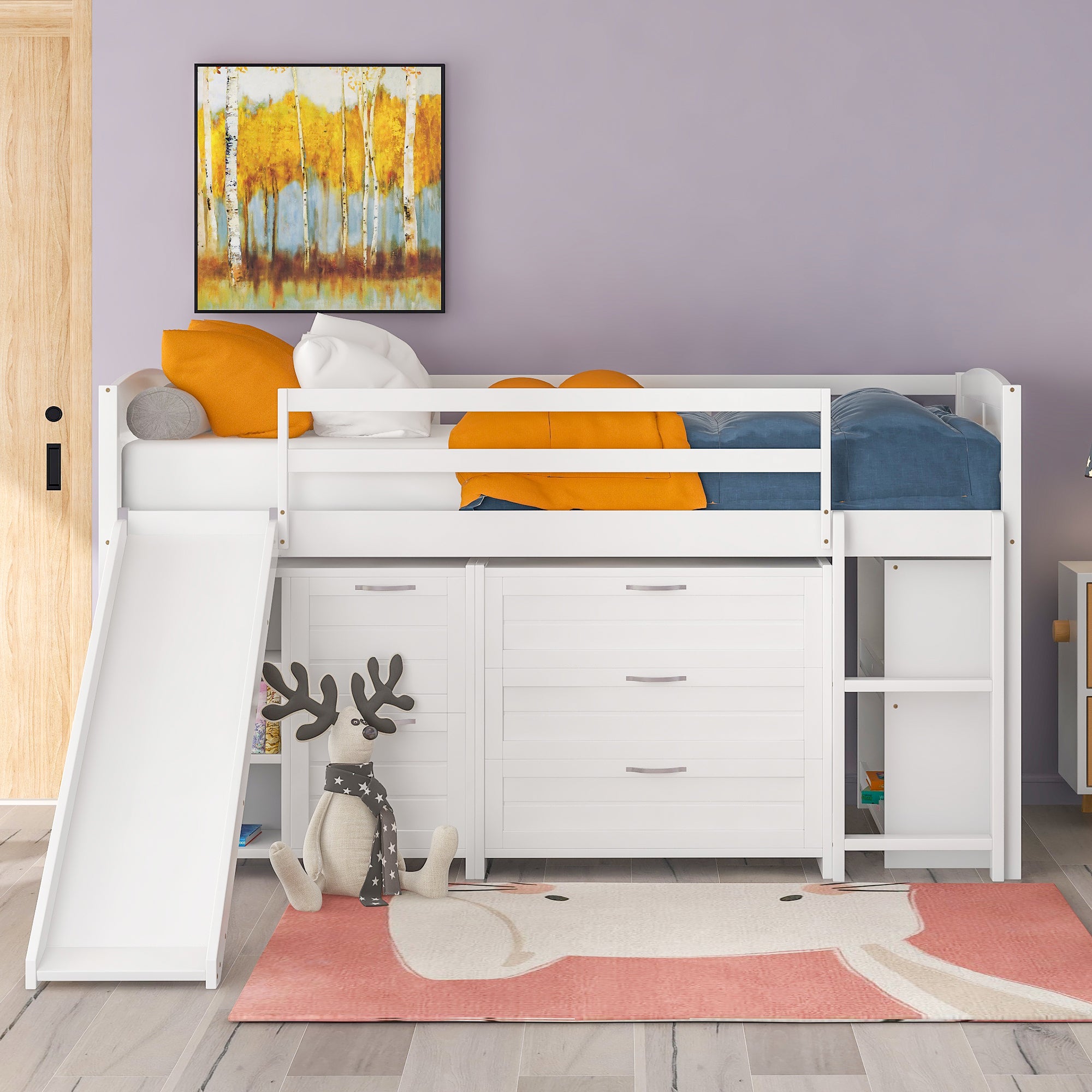 Low Twin Size Loft Bed with Cabinets, Shelves and Slide - White(OLD SKU :LP000503AAK) - Atlantic Fine Furniture Melbourne FL