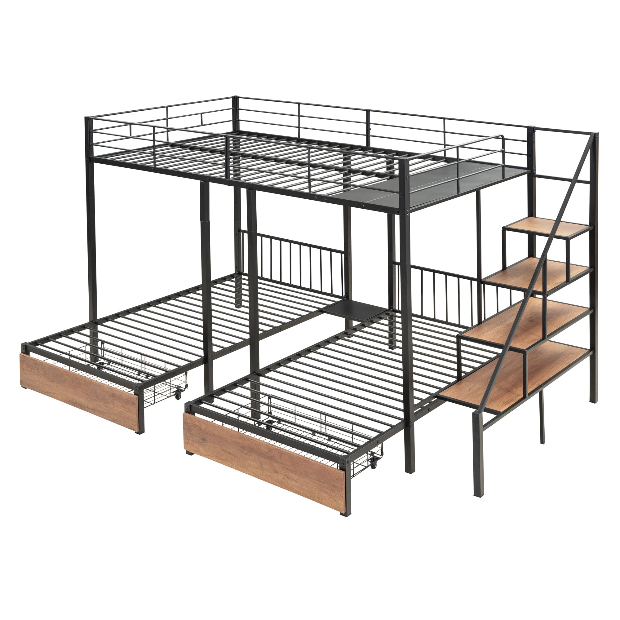 Full over Twin-Twin Triple bunk bed with drawers and staircase, Black - Atlantic Fine Furniture Melbourne FL