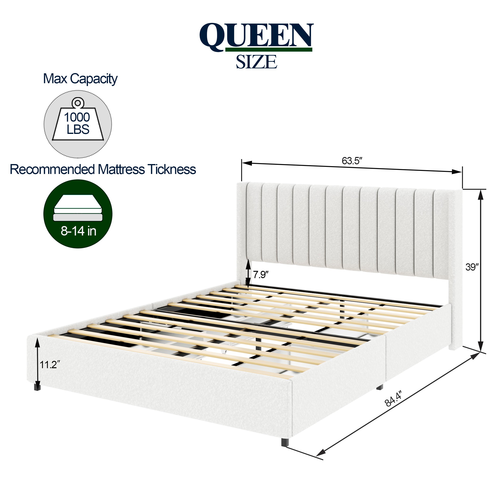Anda Queen Size Ivory Boucle Upholstered Platform Bed with Patented 4 Drawers Storage, Tufted Headboard, Wooden Slat Mattress Support, No Box Spring Needed. - Atlantic Fine Furniture Melbourne FL