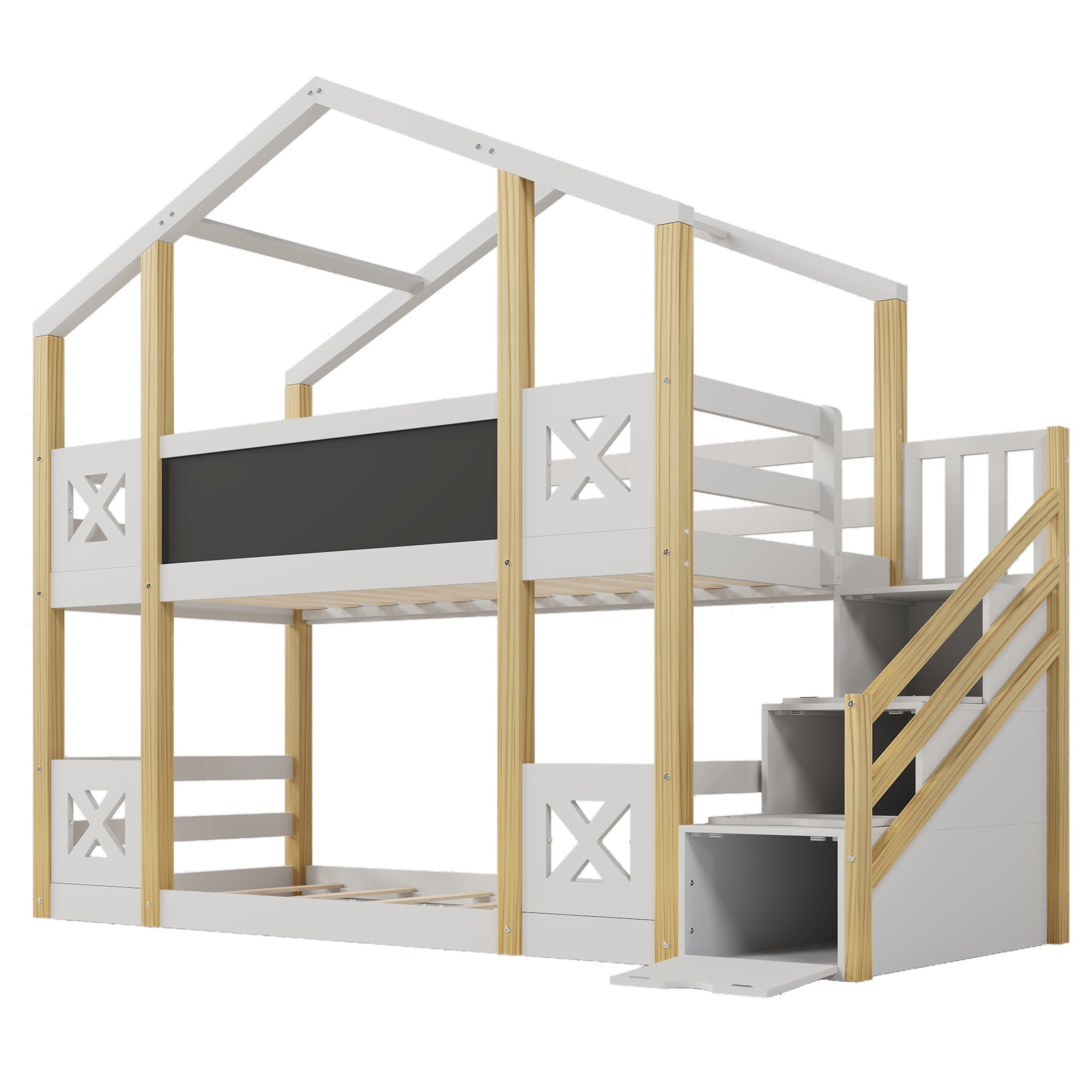Twin over Twin House Bunk Bed with White Storage Staircase and Blackboards, White
