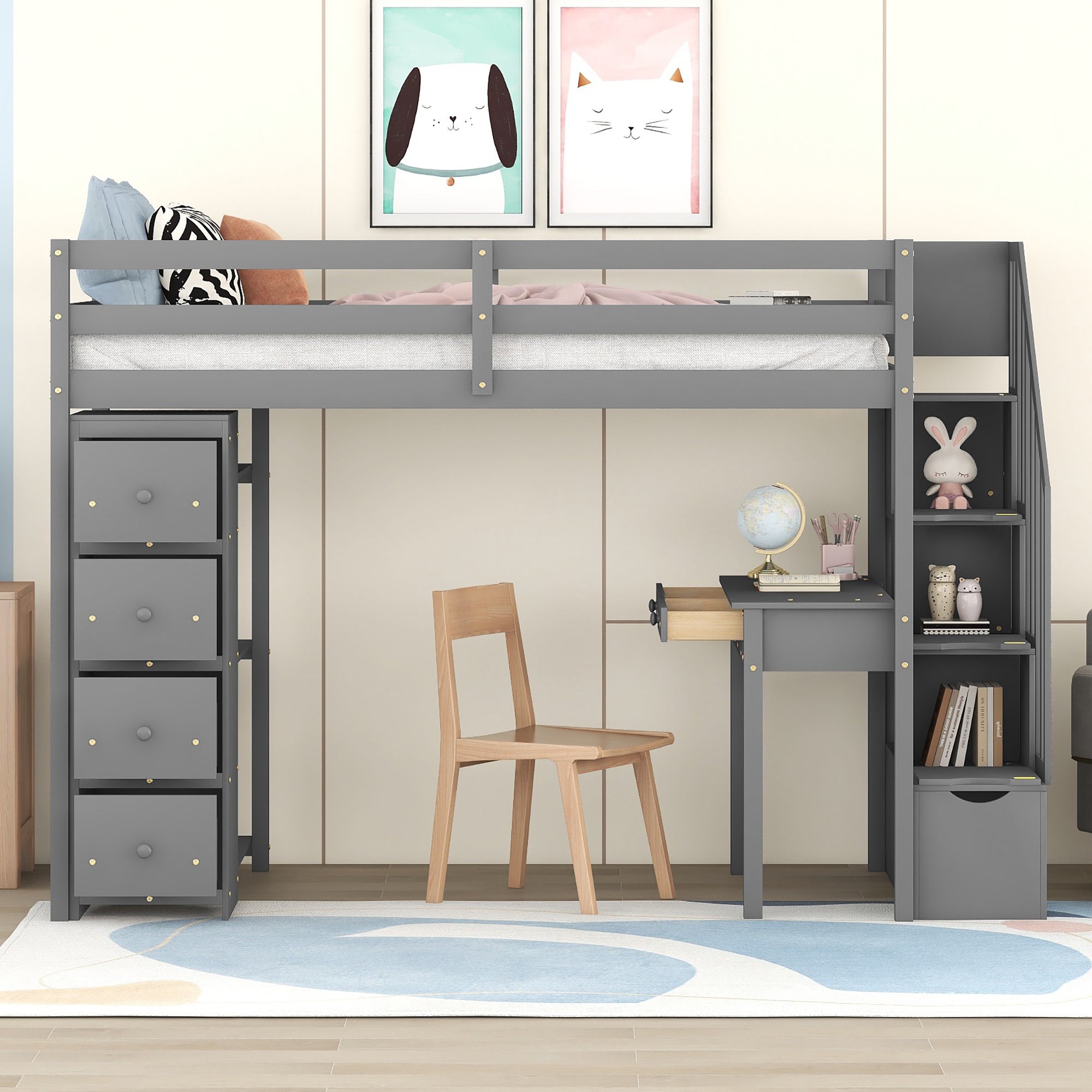 Twin size Loft Bed with Storage Drawers ,Desk and Stairs, Wooden Loft Bed with Shelves - Gray - Atlantic Fine Furniture Melbourne FL