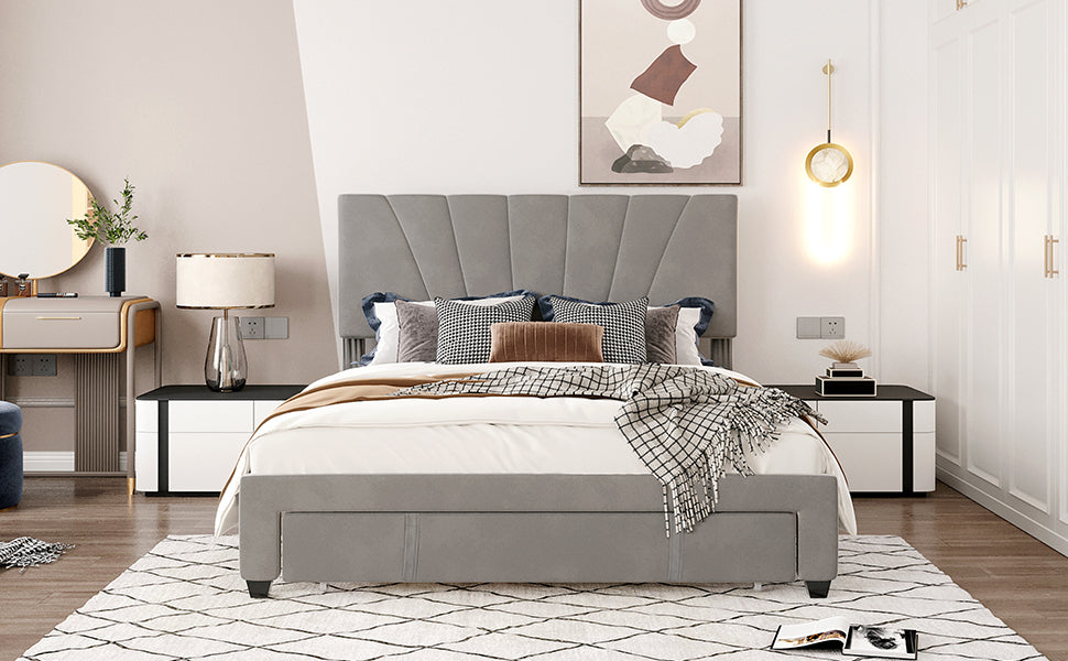 Queen Size Storage Bed Velvet Upholstered Platform Bed with a Big Drawer - Gray - Atlantic Fine Furniture Melbourne FL