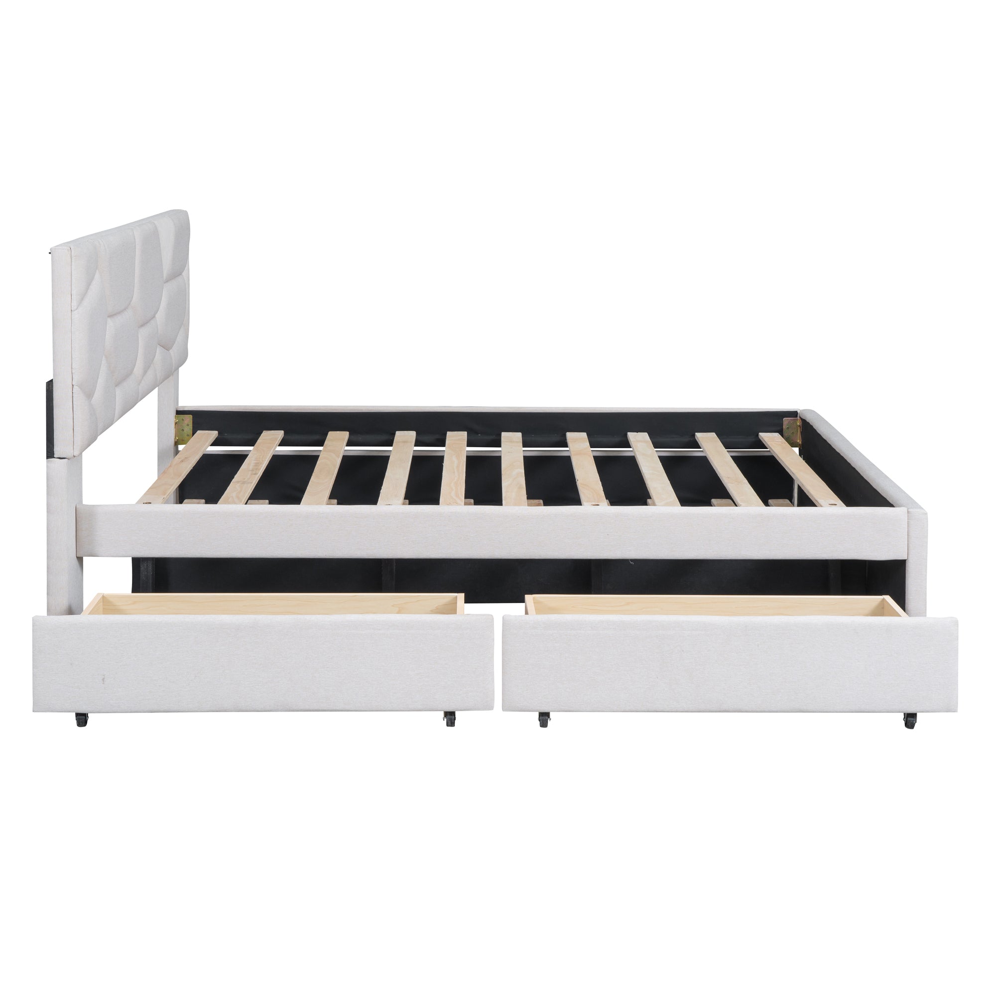Full Size Upholstered Platform Bed with Brick Pattern Headboard, with Twin Size Trundle and 2 Drawers, Linen Fabric, Beige - Atlantic Fine Furniture Melbourne FL