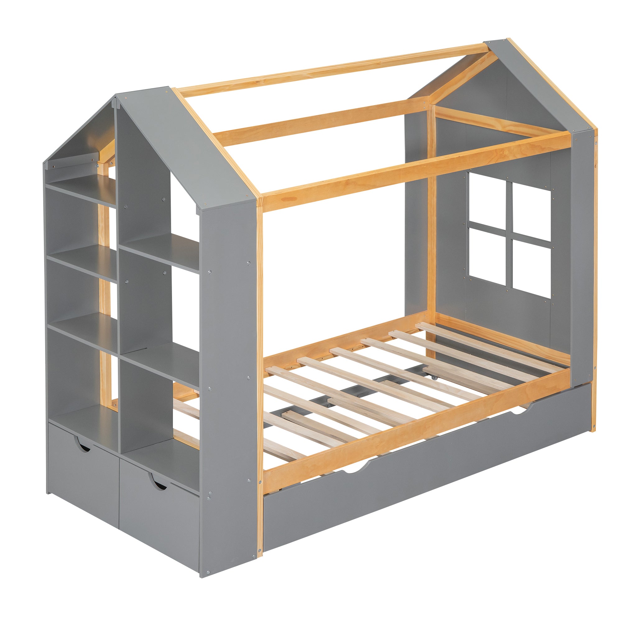 Twin Size House Platform Bed with Storage Shelves and Twin Size Trundle, Grey - Atlantic Fine Furniture Melbourne FL
