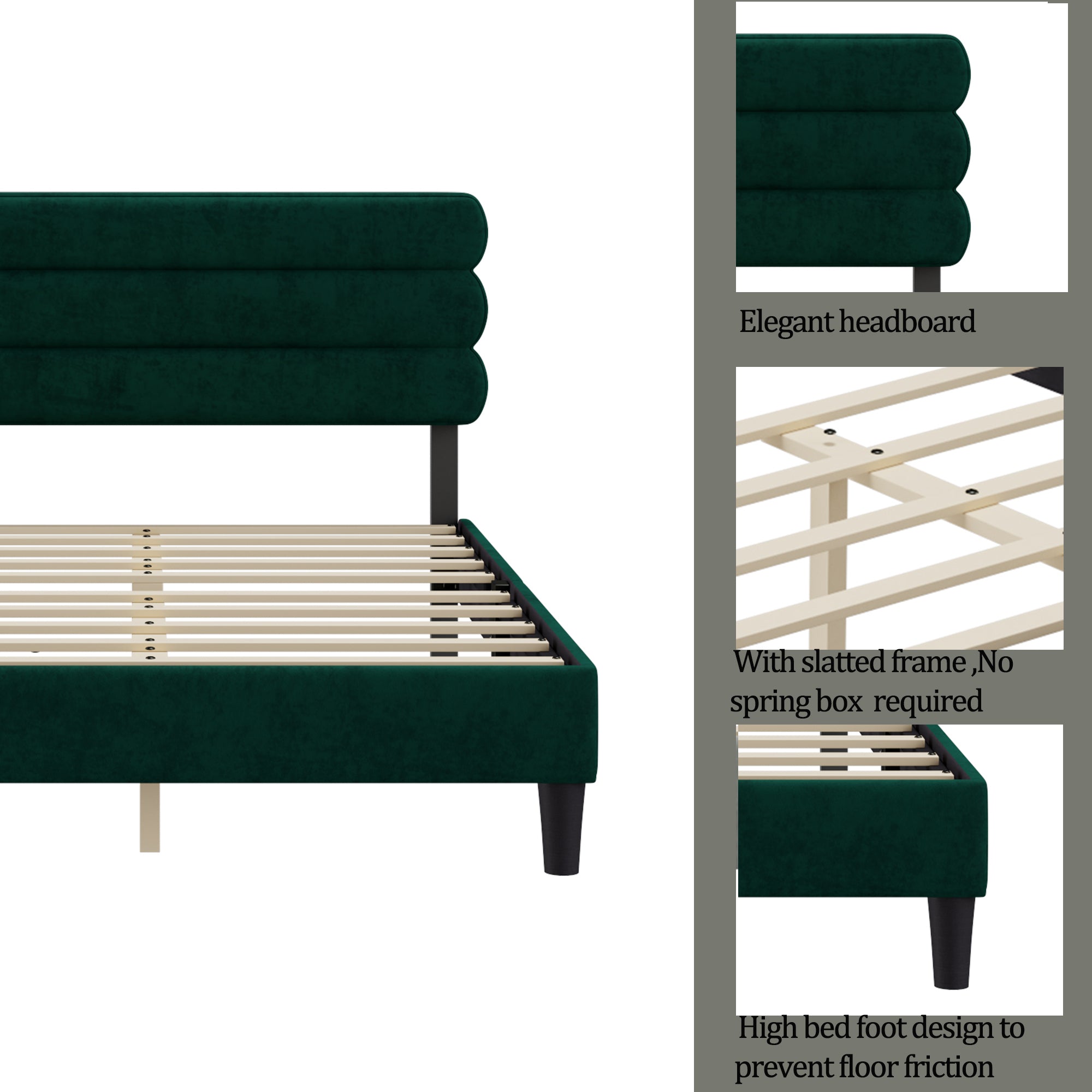 King Bed Frame with Headboard,Sturdy Platform Bed with Wooden Slats Support,No Box Spring,Mattress Foundation,Easy Assembly Green