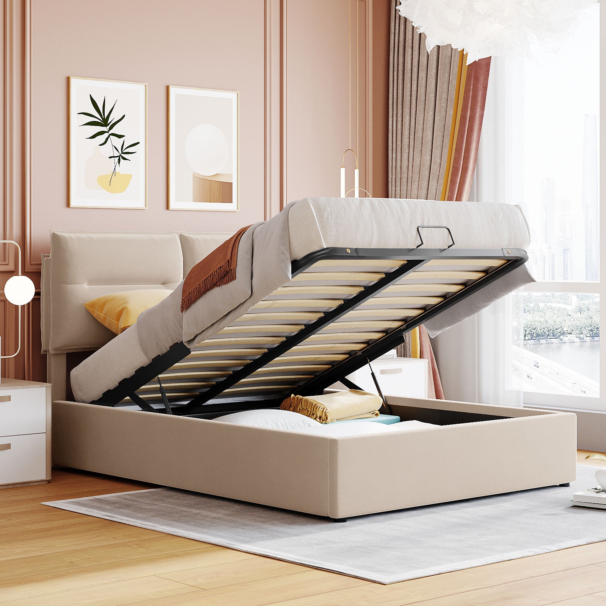 Upholstered Platform bed with a Hydraulic Storage System, Full size, Beige - Atlantic Fine Furniture Melbourne FL