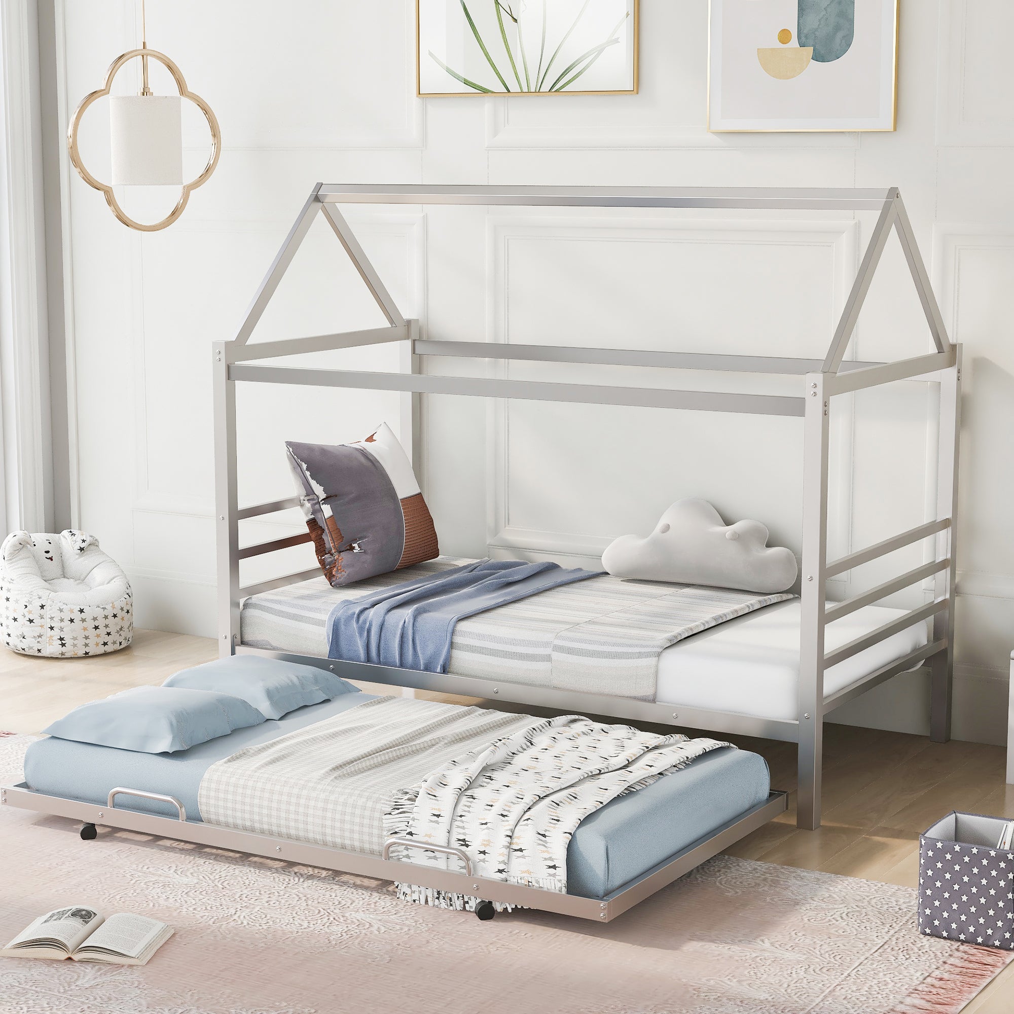 Twin Size Metal House Shape Platform Bed with Trundle,Silver - Atlantic Fine Furniture Melbourne FL