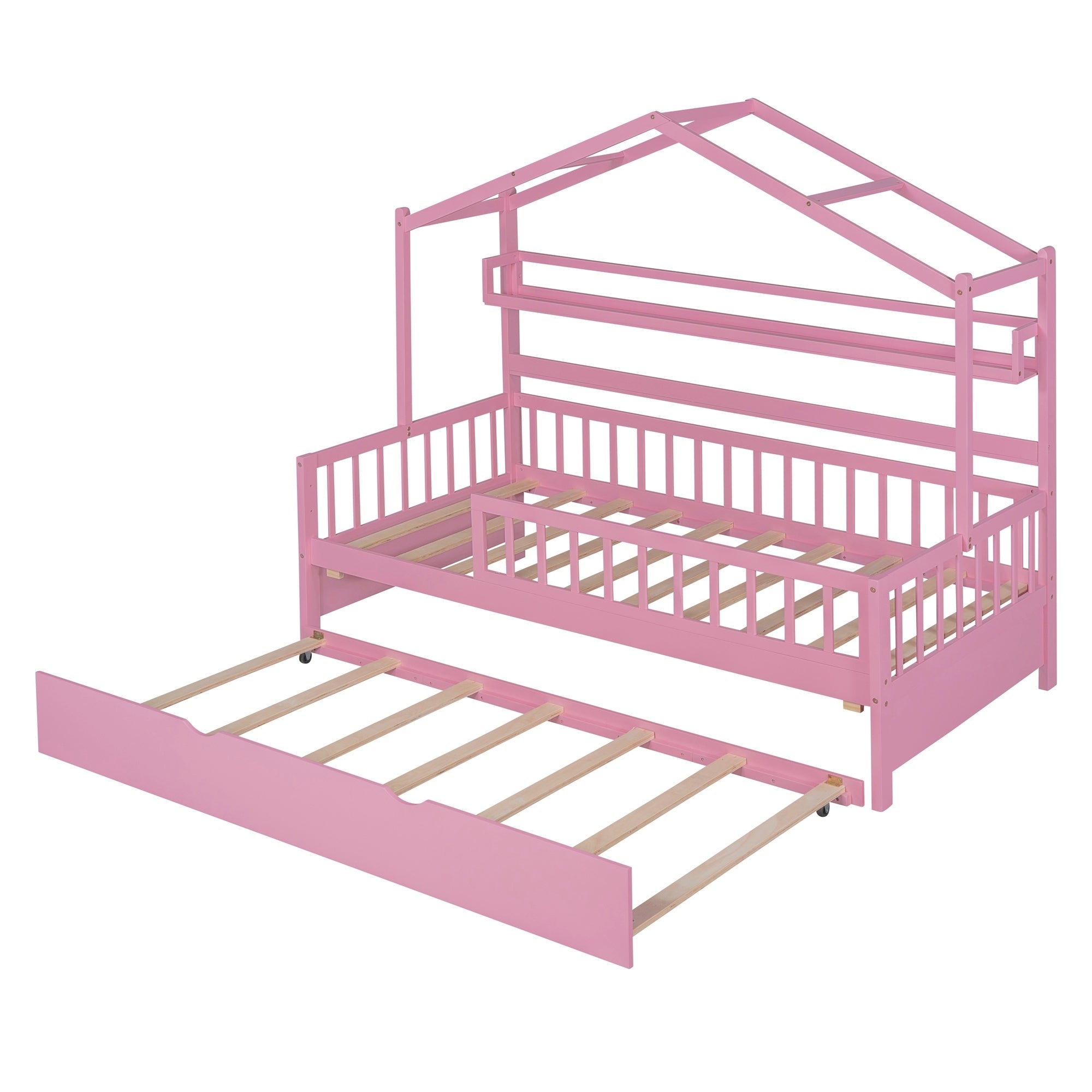 Wooden Twin Size House Bed with Trundle,Kids Bed with Shelf, Pink - Atlantic Fine Furniture Melbourne FL
