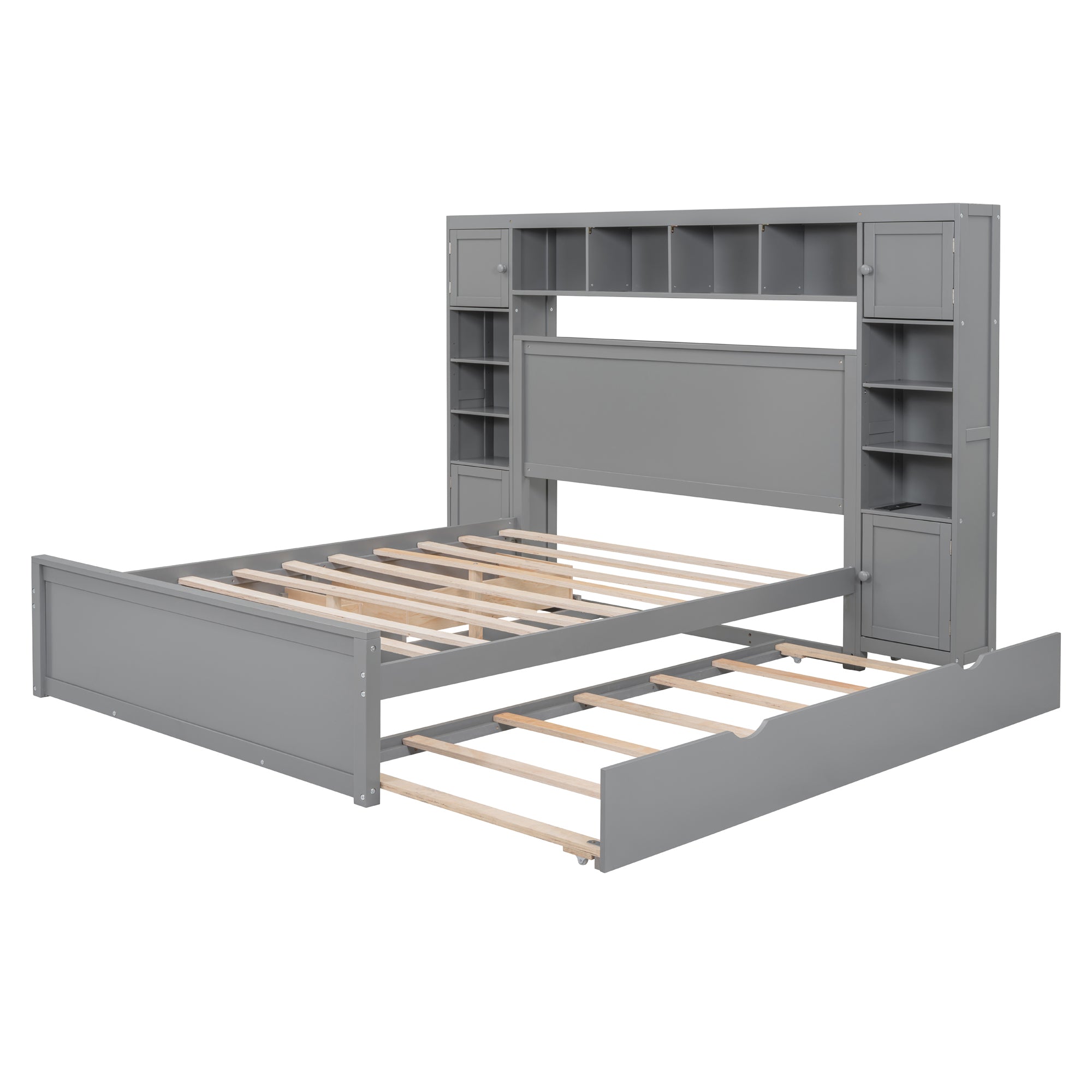 Queen Size Wooden Bed With All-in-One Cabinet, Shelf and Sockets, Gray - Atlantic Fine Furniture Melbourne FL