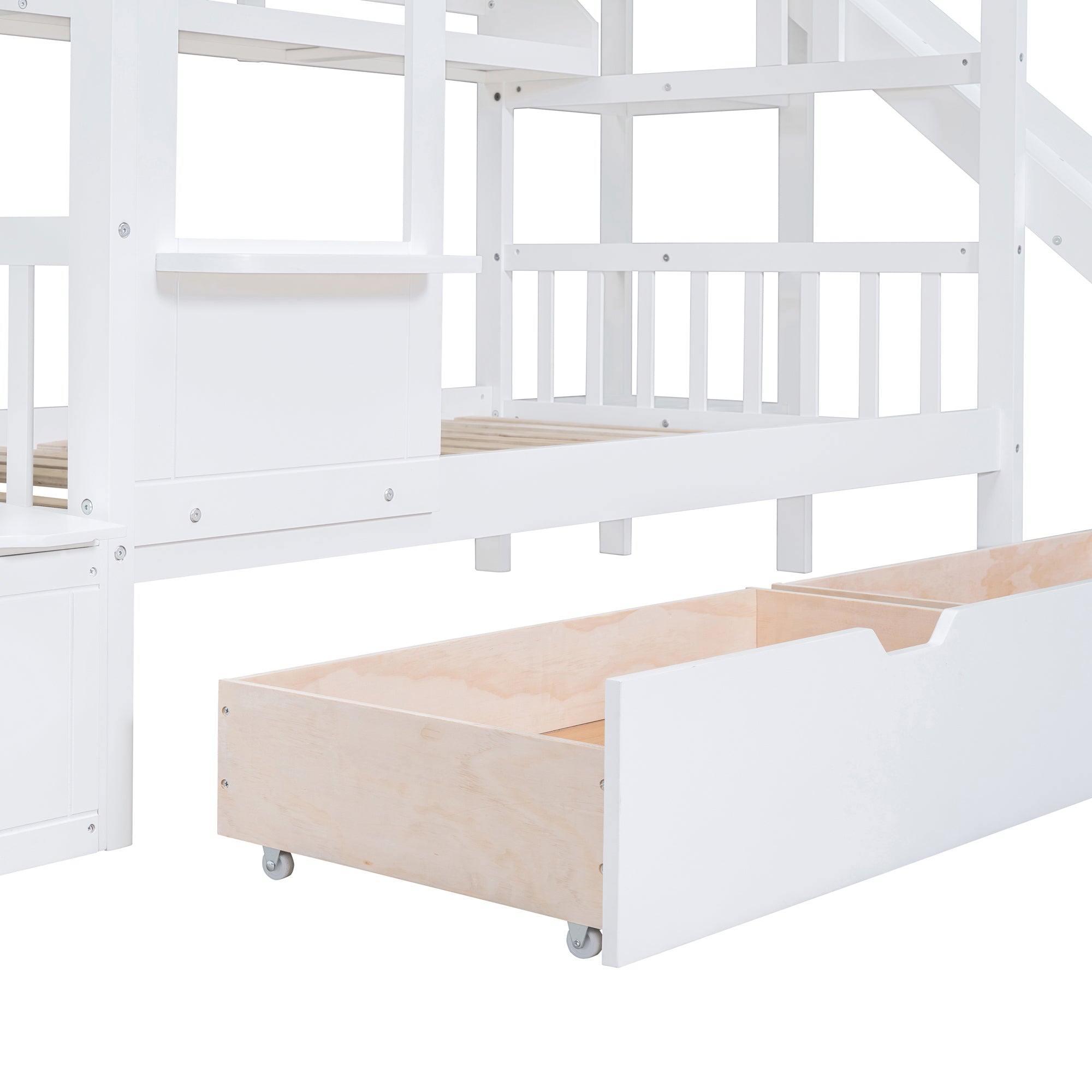 Twin-Over-Twin Castle Style Bunk Bed with 2 Drawers 3 Shelves and Slide - White - Atlantic Fine Furniture Melbourne FL