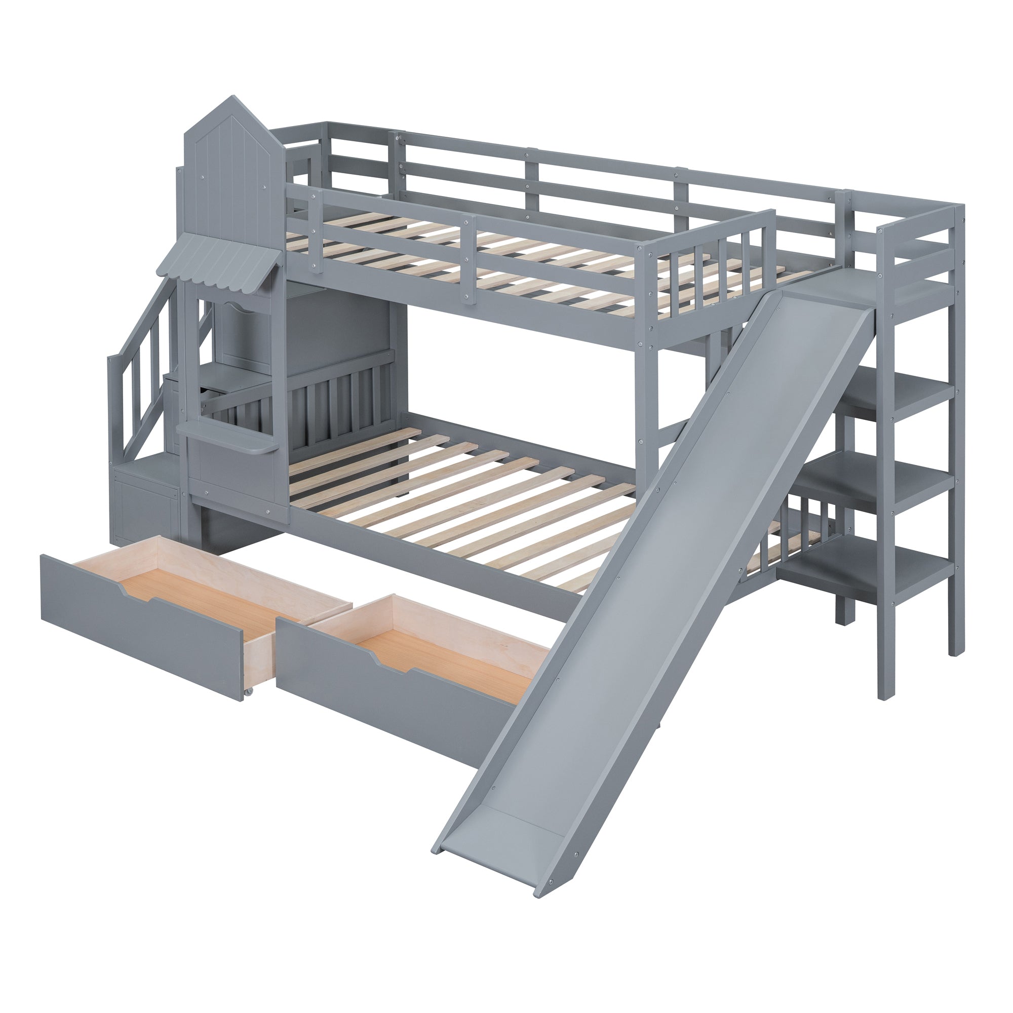 Twin-Over-Twin Castle Style Bunk Bed with 2 Drawers 3 Shelves and Slide - Gray - Atlantic Fine Furniture Melbourne FL