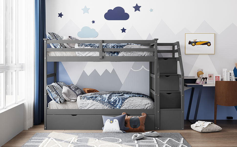 Twin-Over-Twin Bunk Bed with Twin Size Trundle and 3 Storage Stairs,Gray (OLD SKU :LP000064AAE) - Atlantic Fine Furniture Melbourne FL