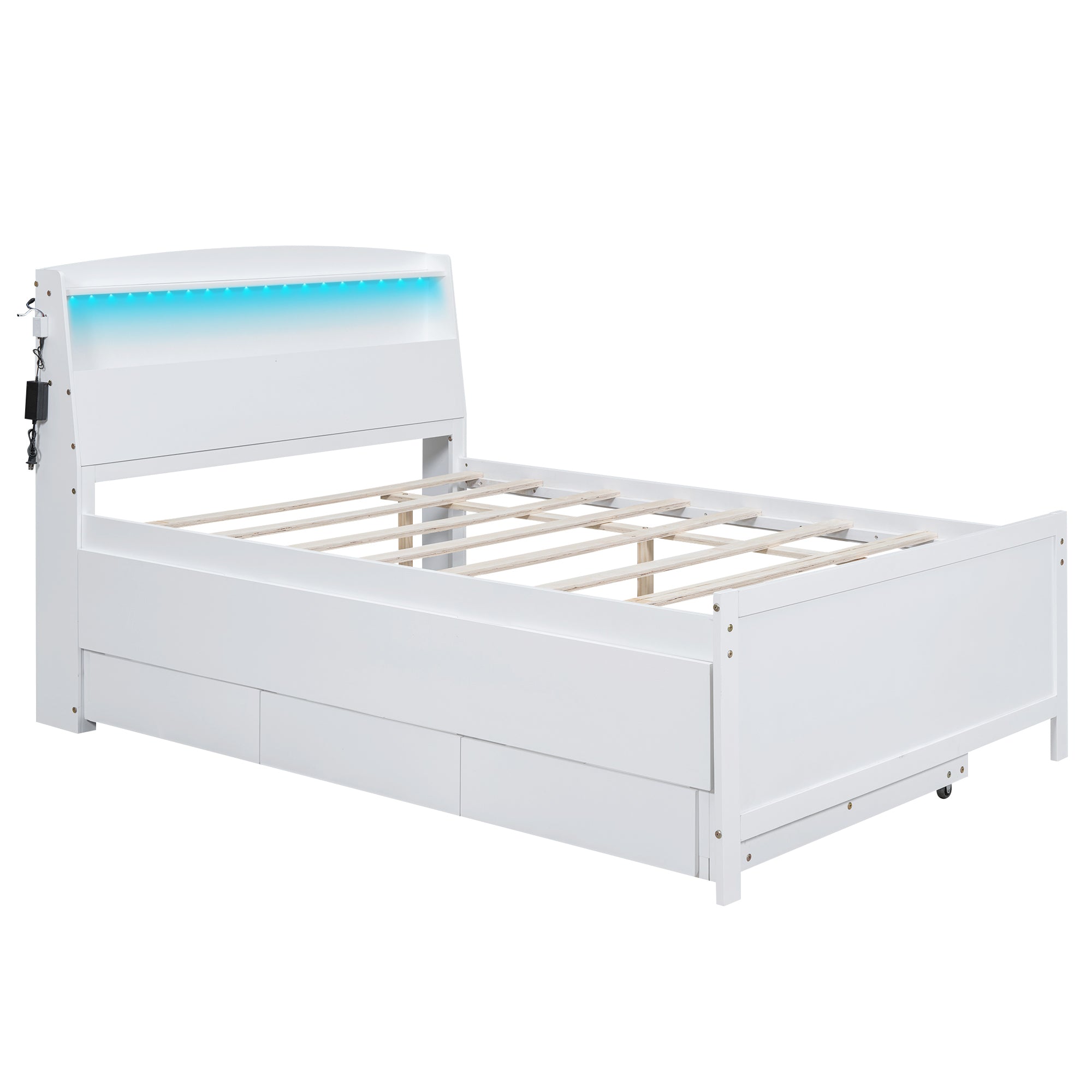 Full Size Platform Bed with Storage LED Headboard, Twin Size Trundle and 3 Drawers, White - Atlantic Fine Furniture Melbourne FL