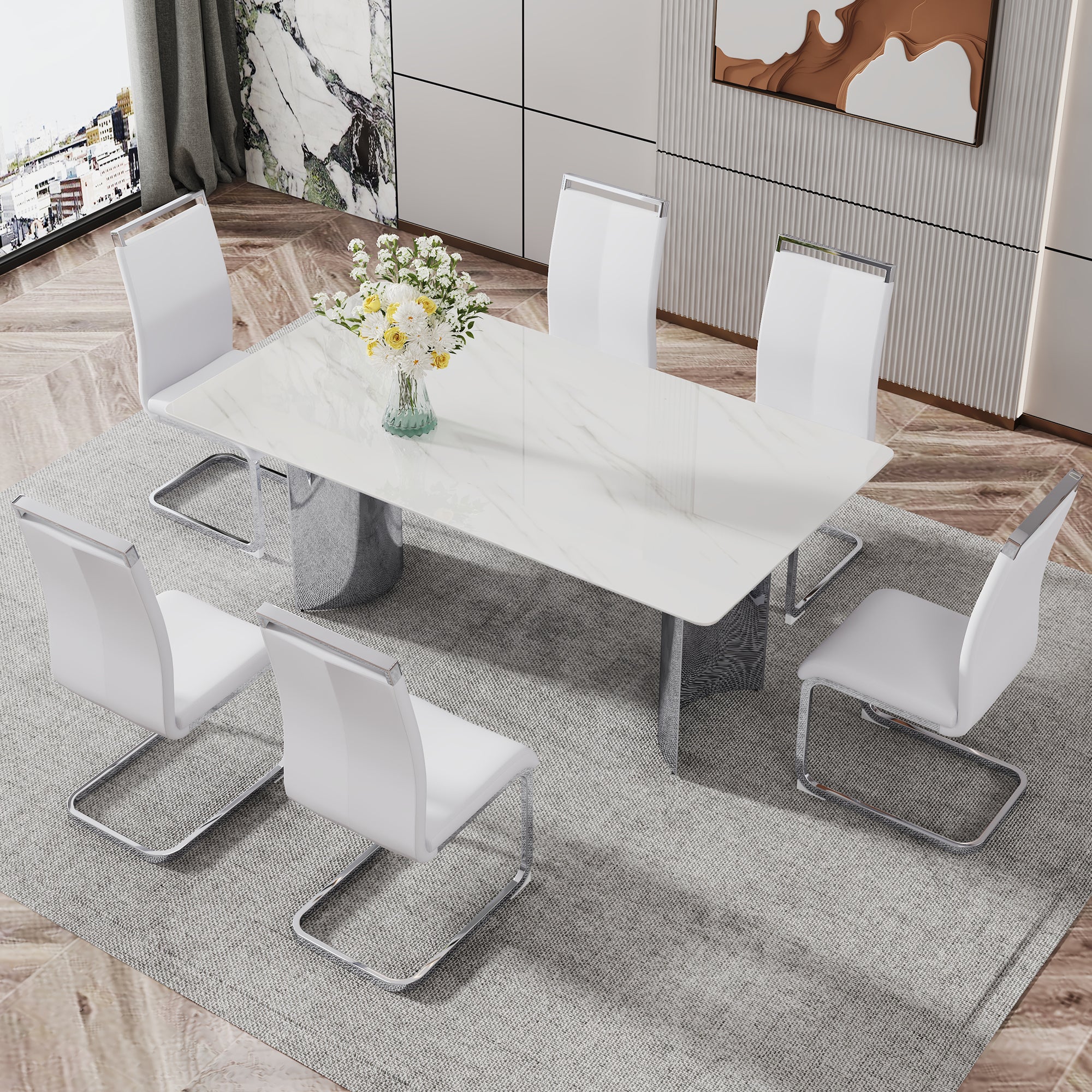 Modern minimalist dining table. The white imitation marble glass desktop is equipped with silver metal legs. Suitable for restaurants and living rooms 71" *39.3" *29.5" DT-69