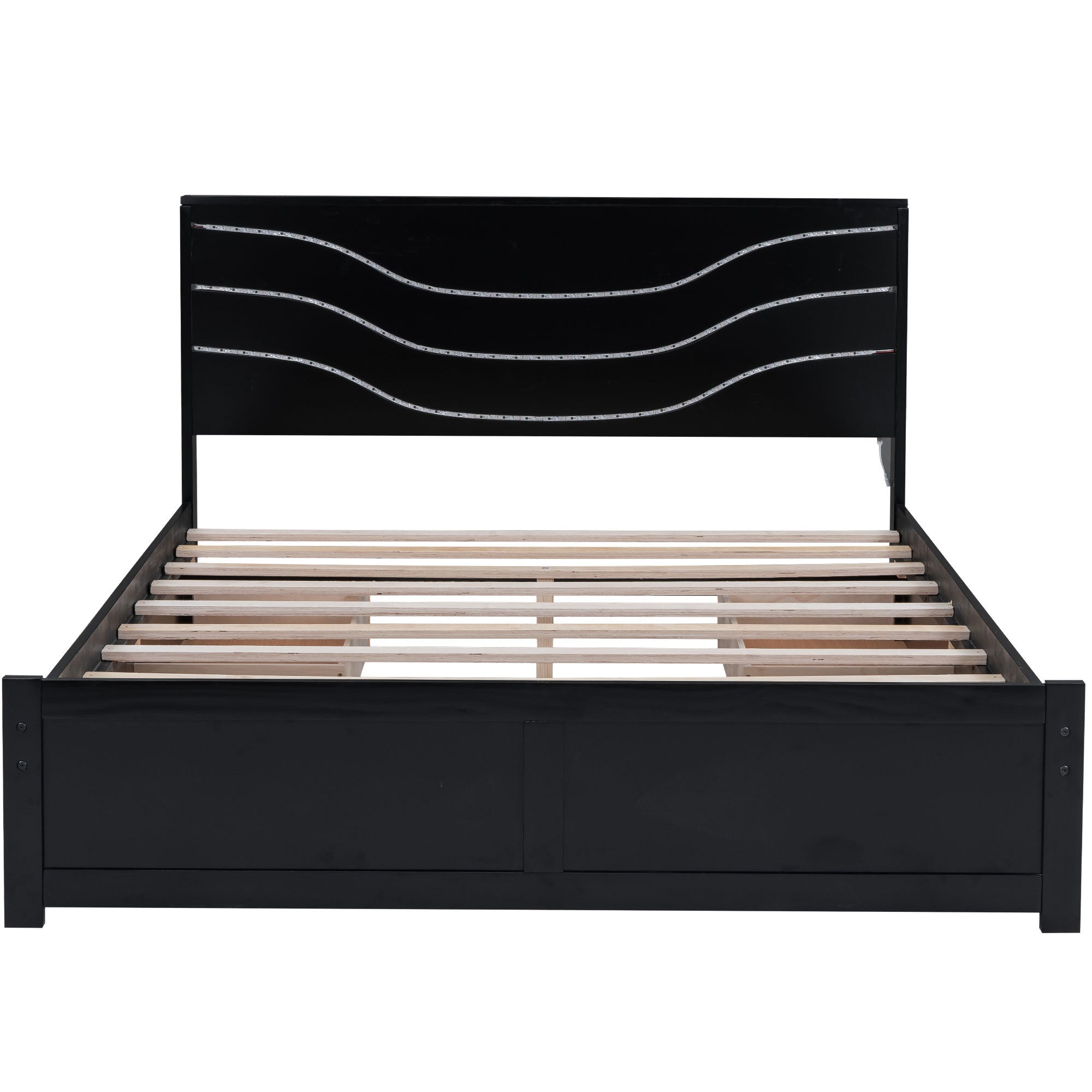 Queen Size Wood Storage Platform Bed with LED and 4 Drawers, Black - Atlantic Fine Furniture Melbourne FL