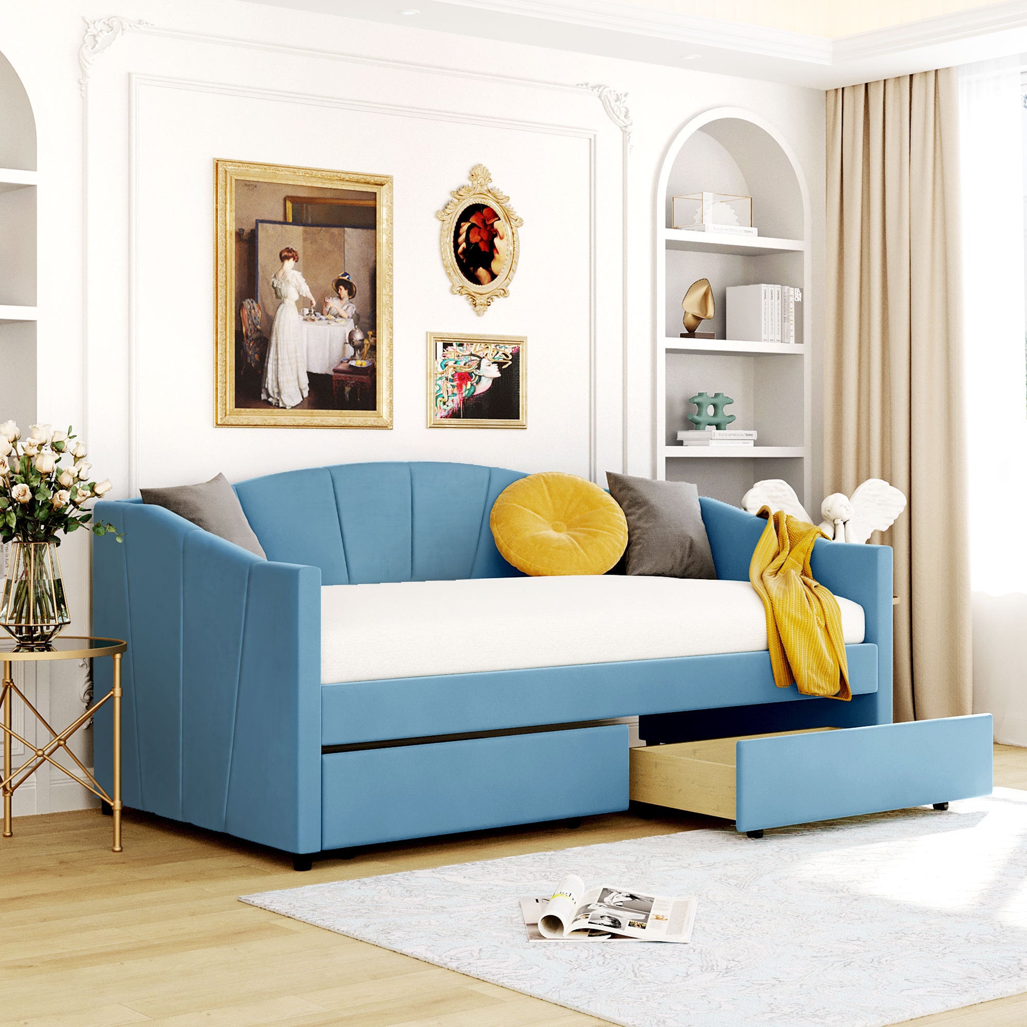 Upholstered daybed Twin Size with Two Drawers and Wood Slat ,Blue