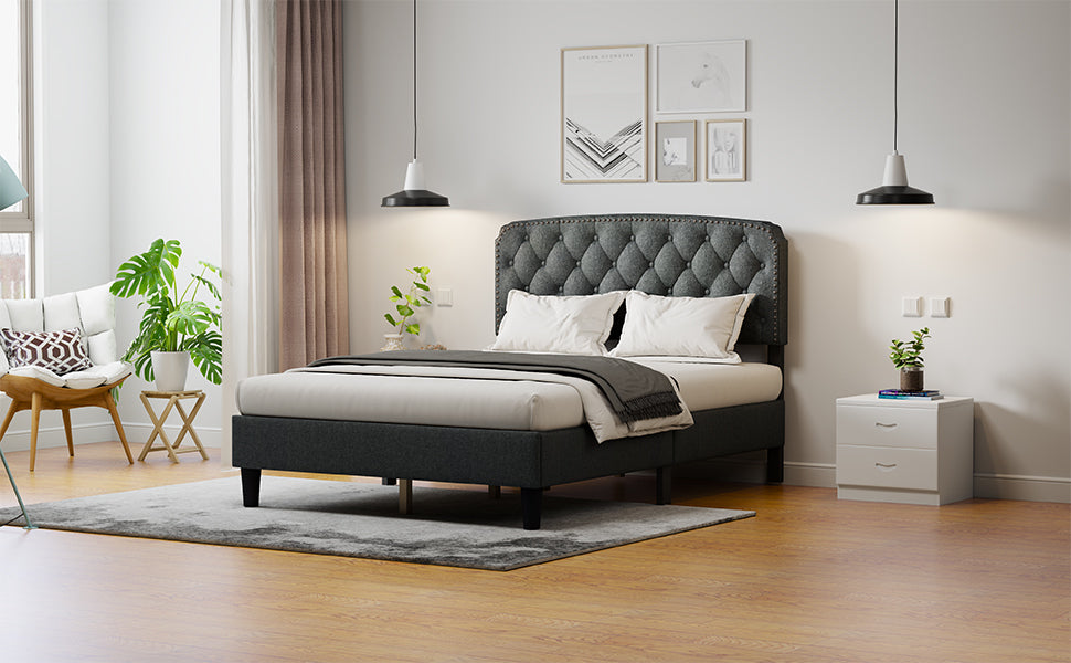 Full size Adjustable Headboard with Fine Linen Upholstery and Button Tufting for Bedroom, Wave Top dark Gray