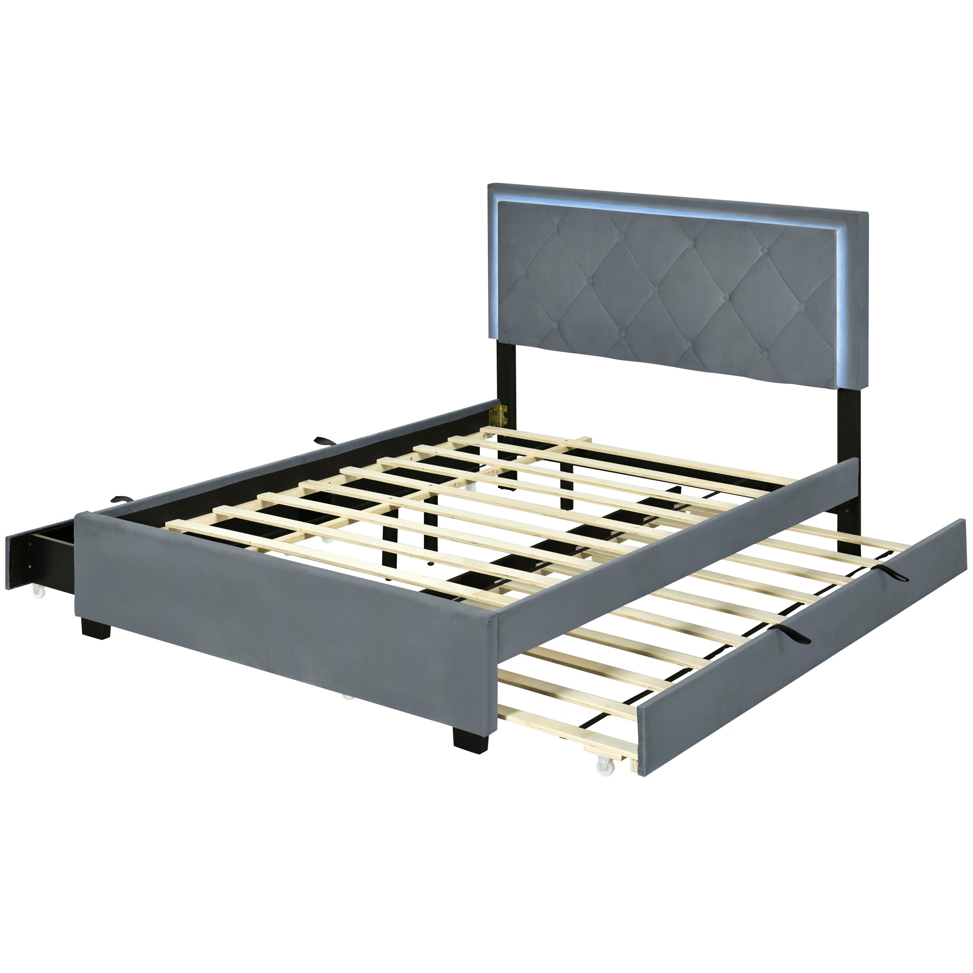 Full Size Velvet Storage Platform Bed, with 2 Big Drawers, T Size Trundle and LED Light, Gray - Atlantic Fine Furniture Melbourne FL