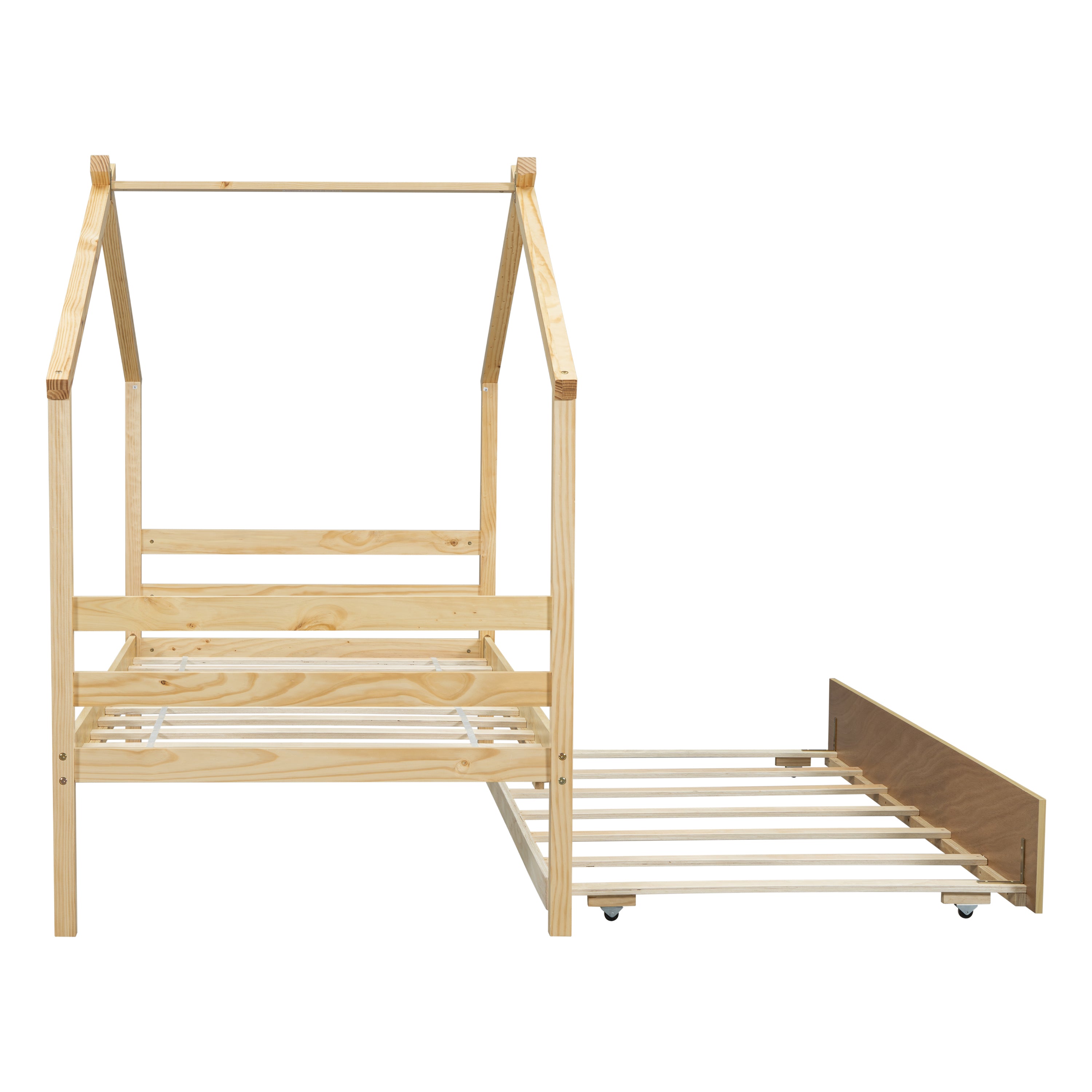 Twin Size House-shaped Bed with Trundle,Natural